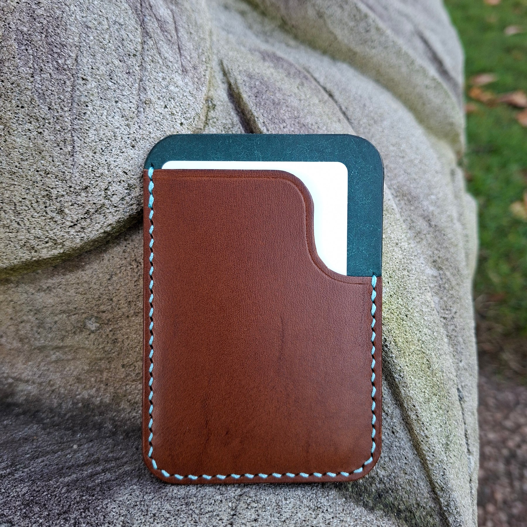 Three-Pocket Cardholder - Brown/Turquoise with Aqua Blue Thread