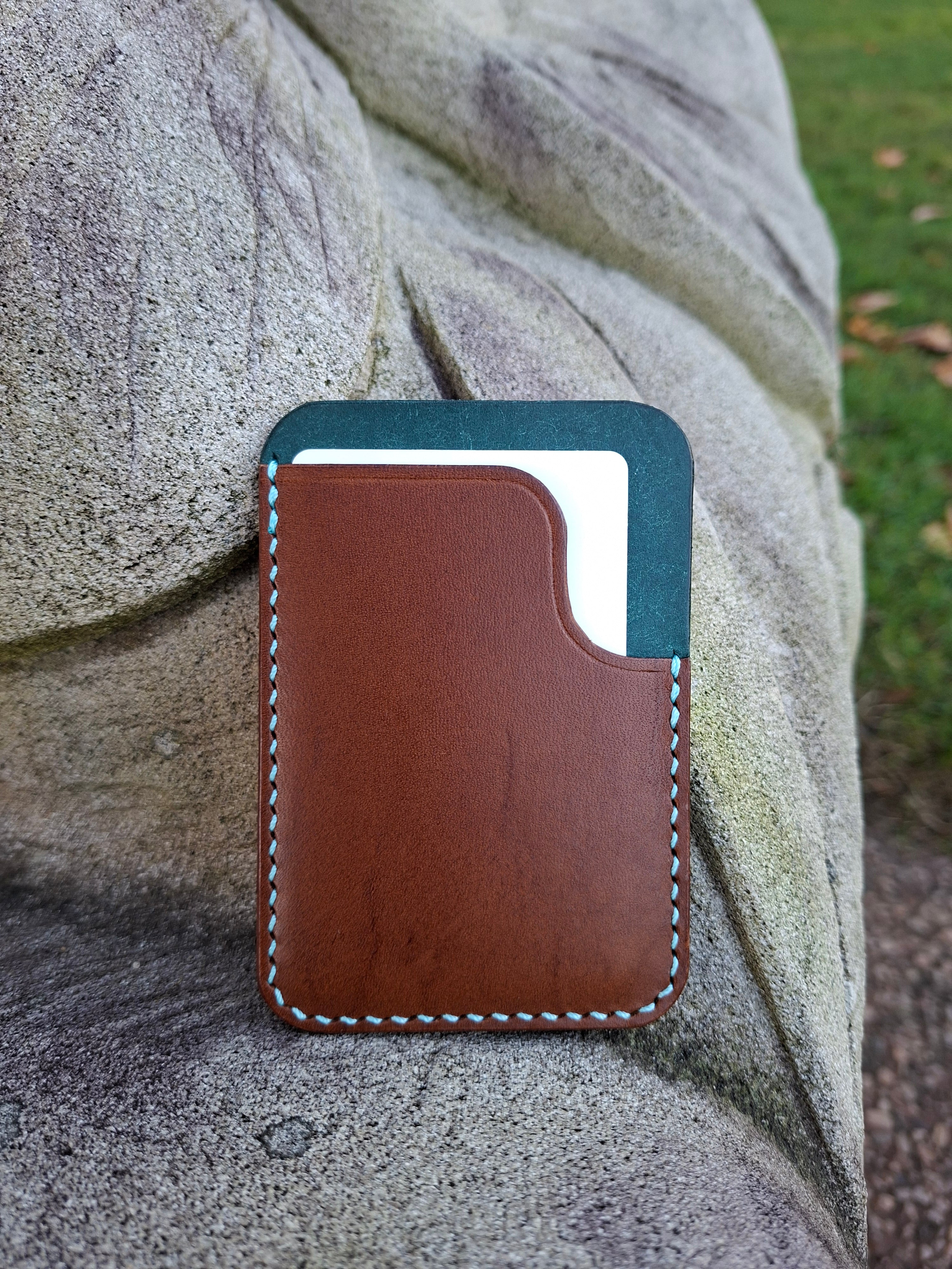 Three-Pocket Cardholder - Brown/Turquoise with Aqua Blue Thread
