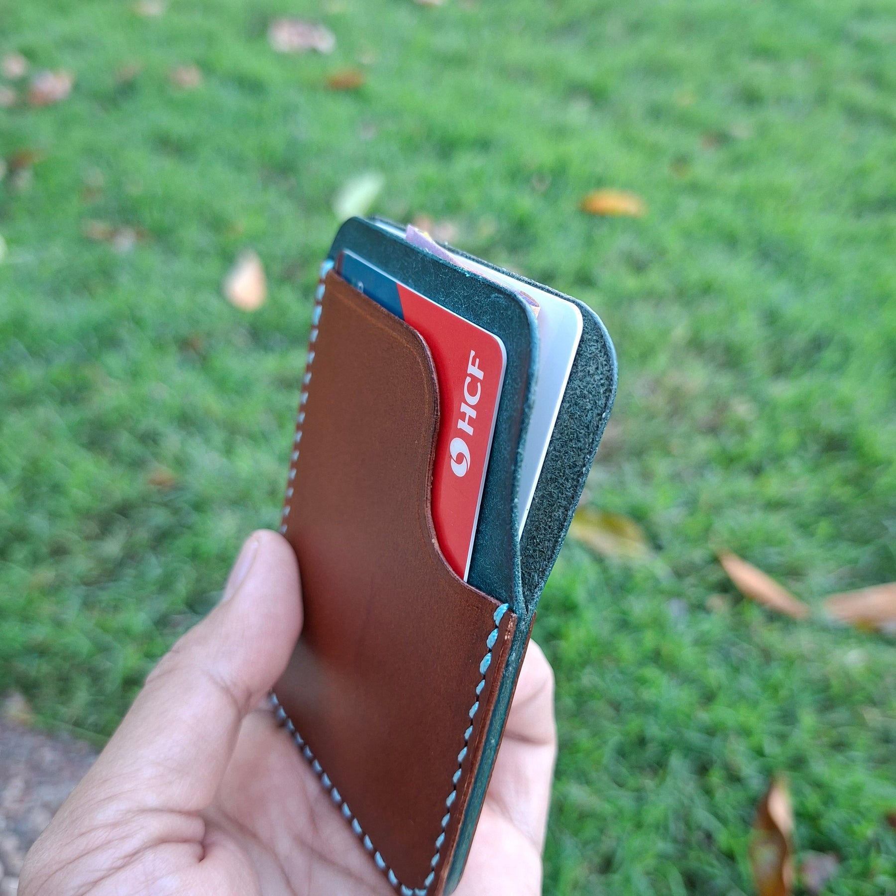 Three-Pocket Cardholder - Brown/Turquoise with Aqua Blue Thread