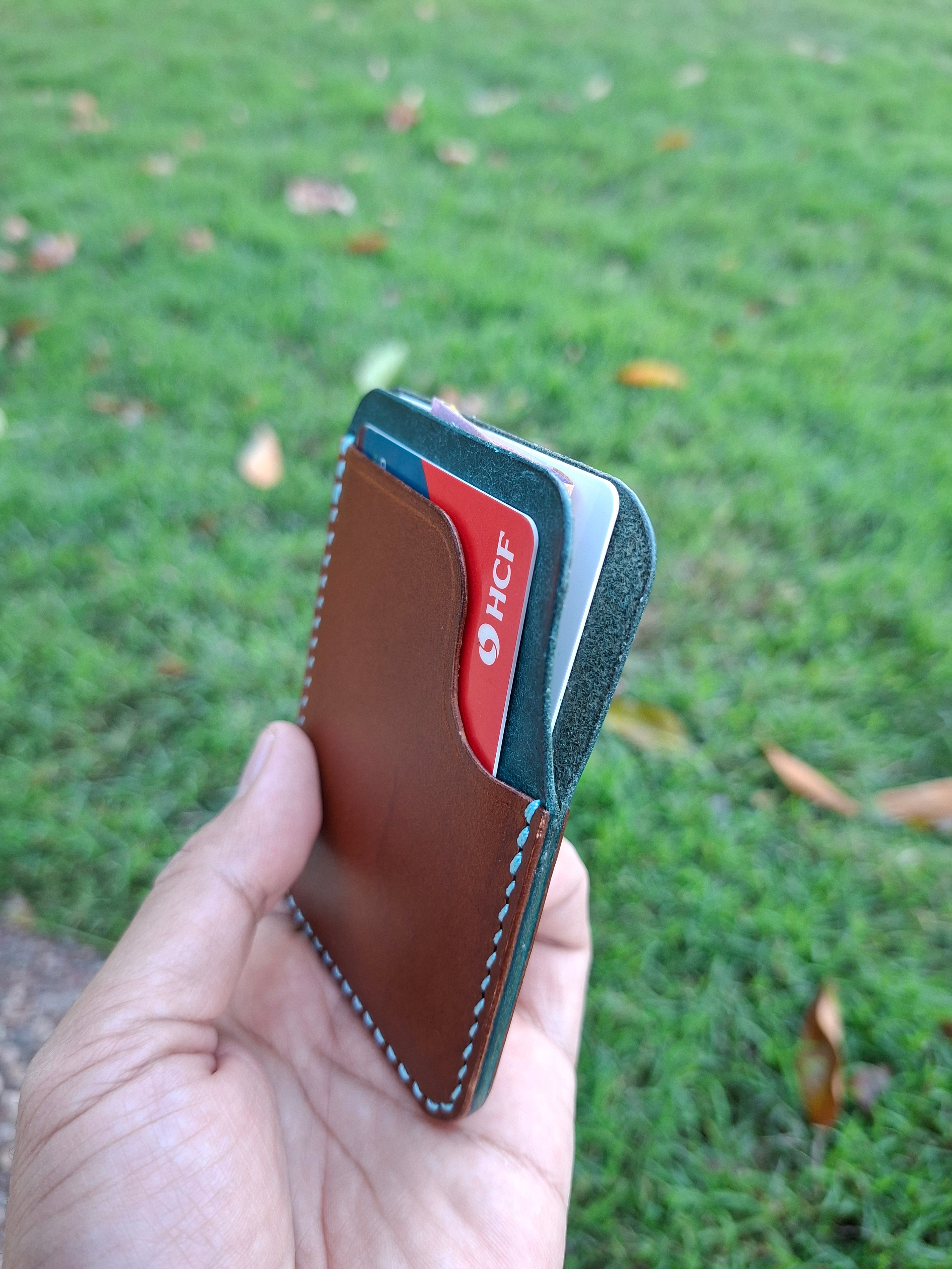 Three-Pocket Cardholder - Brown/Turquoise with Aqua Blue Thread