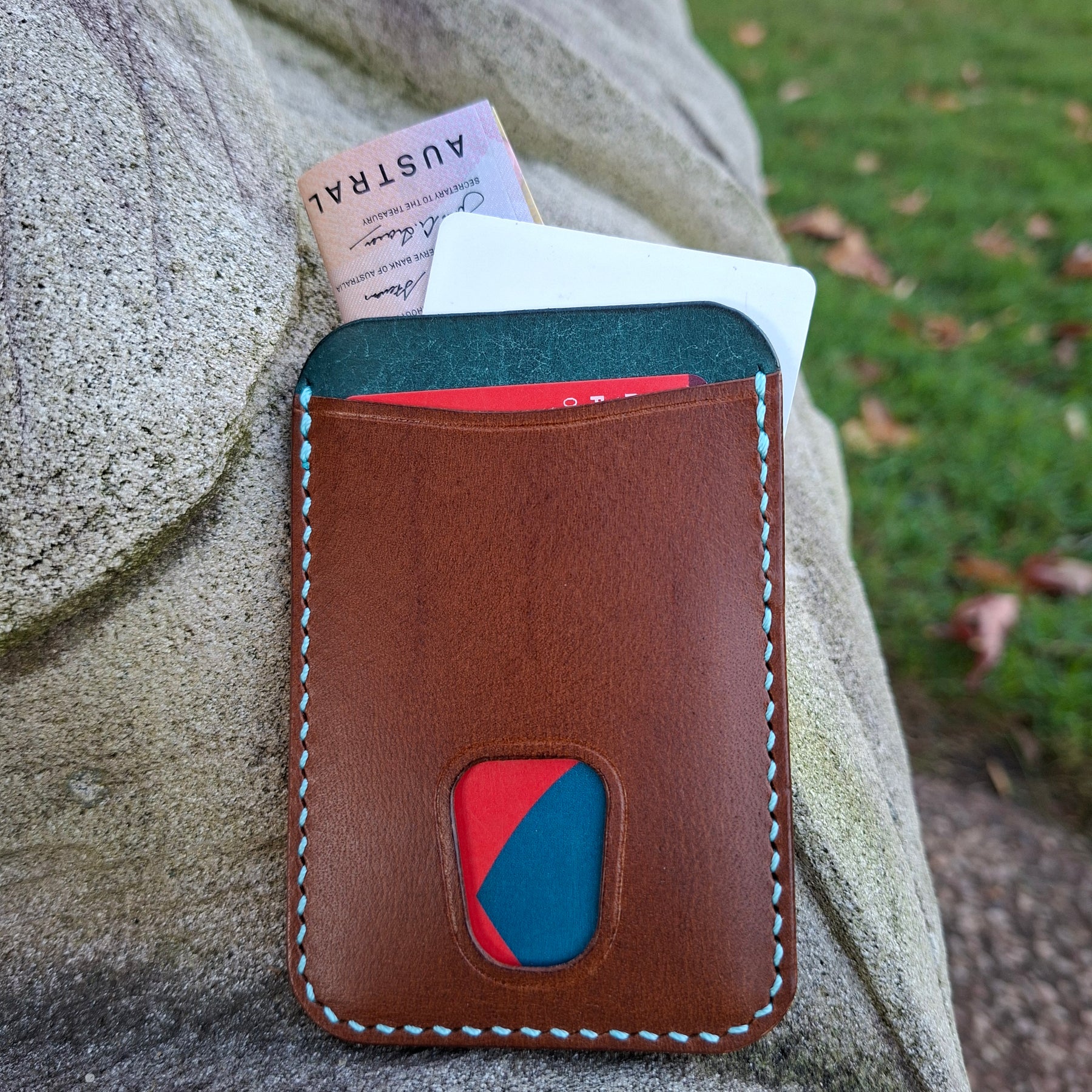 Three-Pocket Cardholder - Brown/Turquoise with Thumb Slot