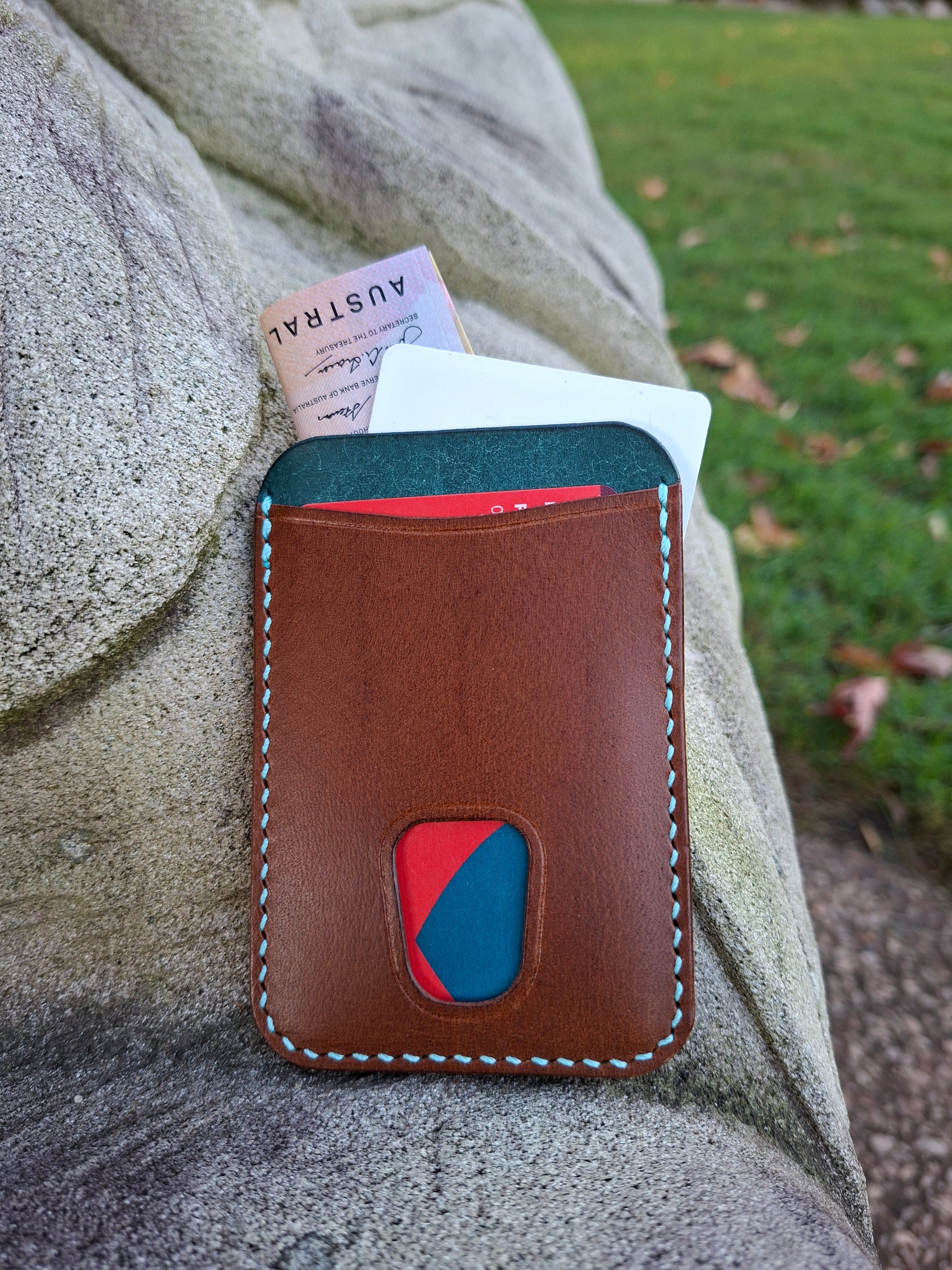 Three-Pocket Cardholder - Brown/Turquoise with Thumb Slot