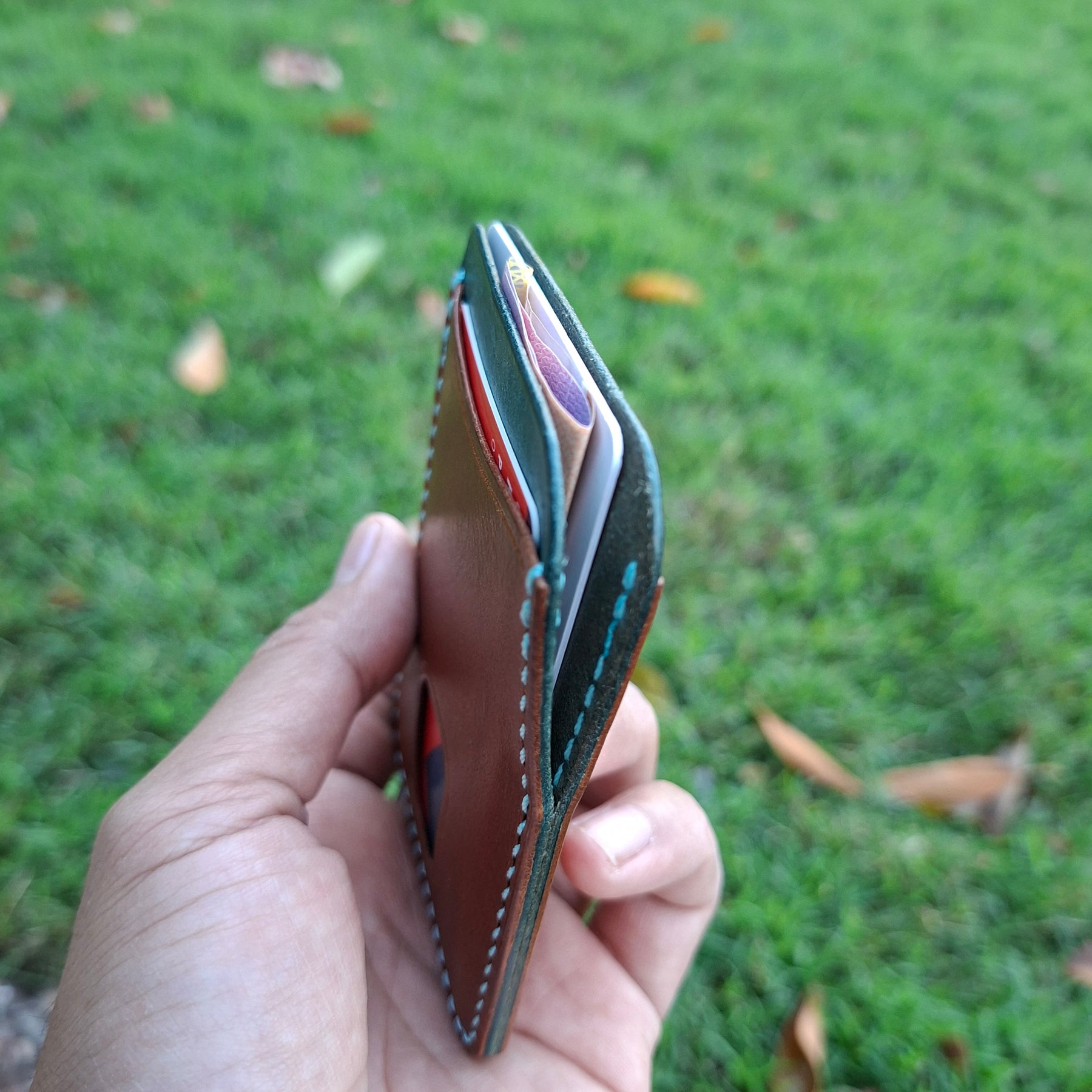Three-Pocket Cardholder - Brown/Turquoise with Thumb Slot
