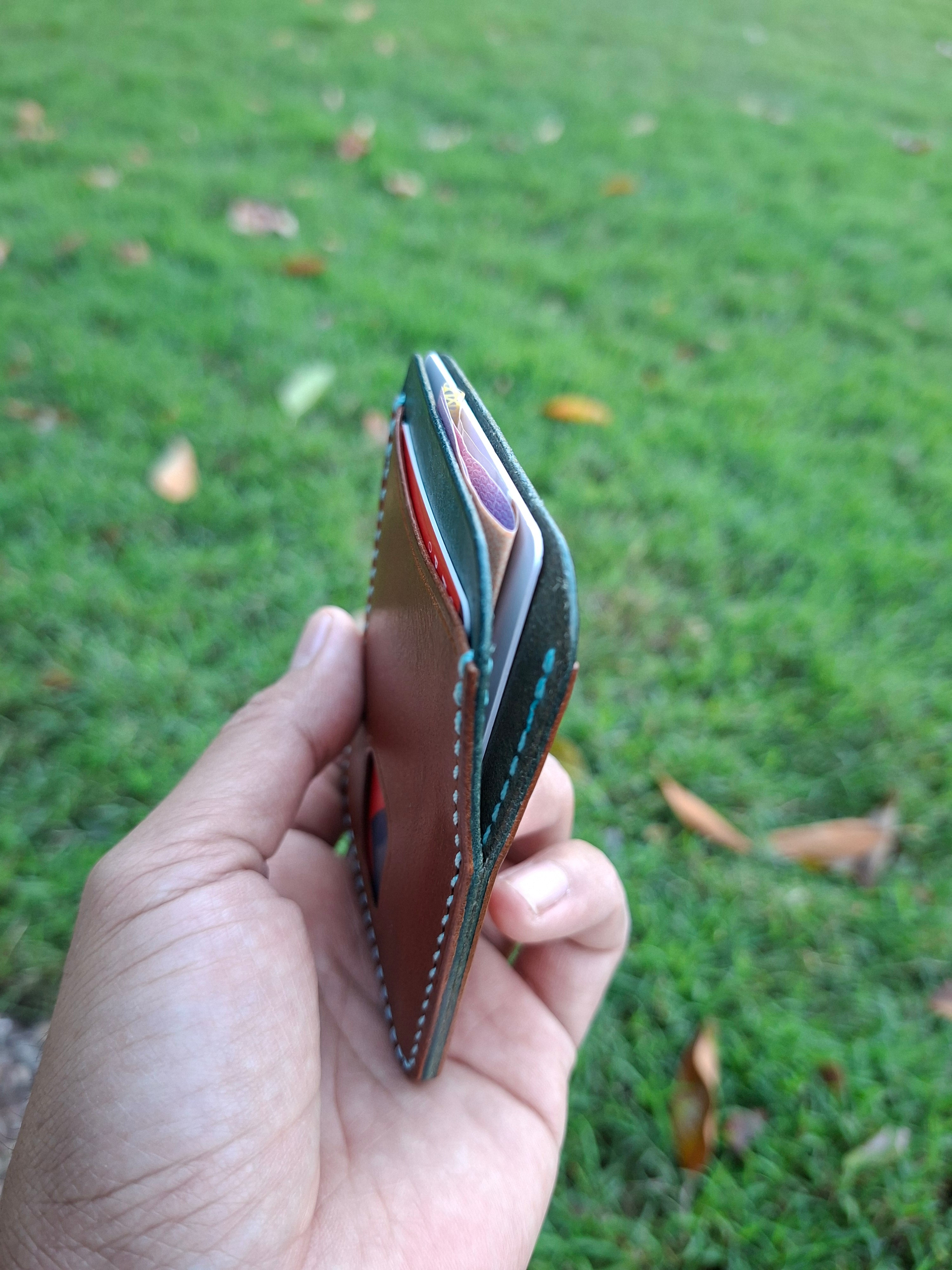 Three-Pocket Cardholder - Brown/Turquoise with Thumb Slot