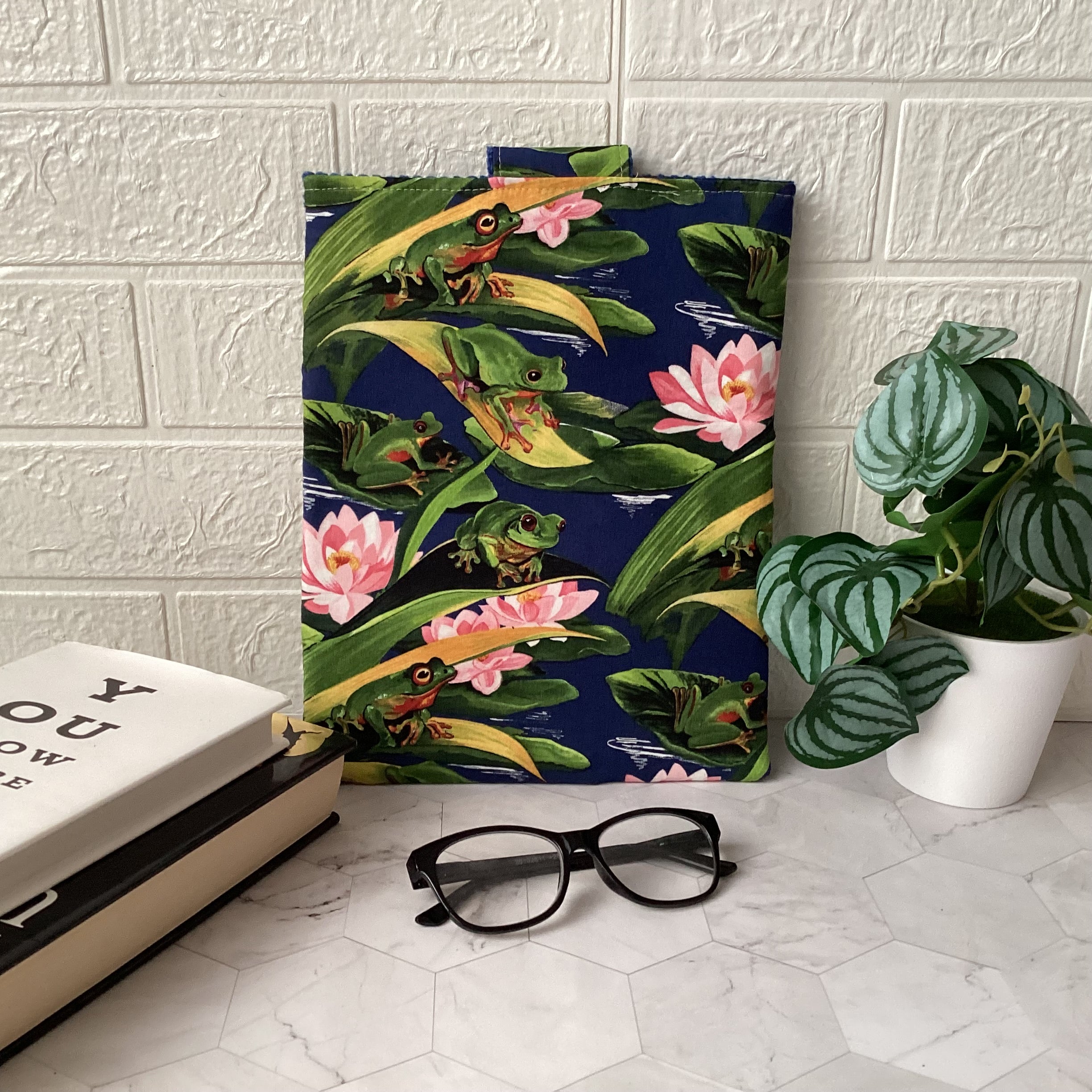 Frogs fabric book sleeve with 2 pockets. iPad, tablet pouch