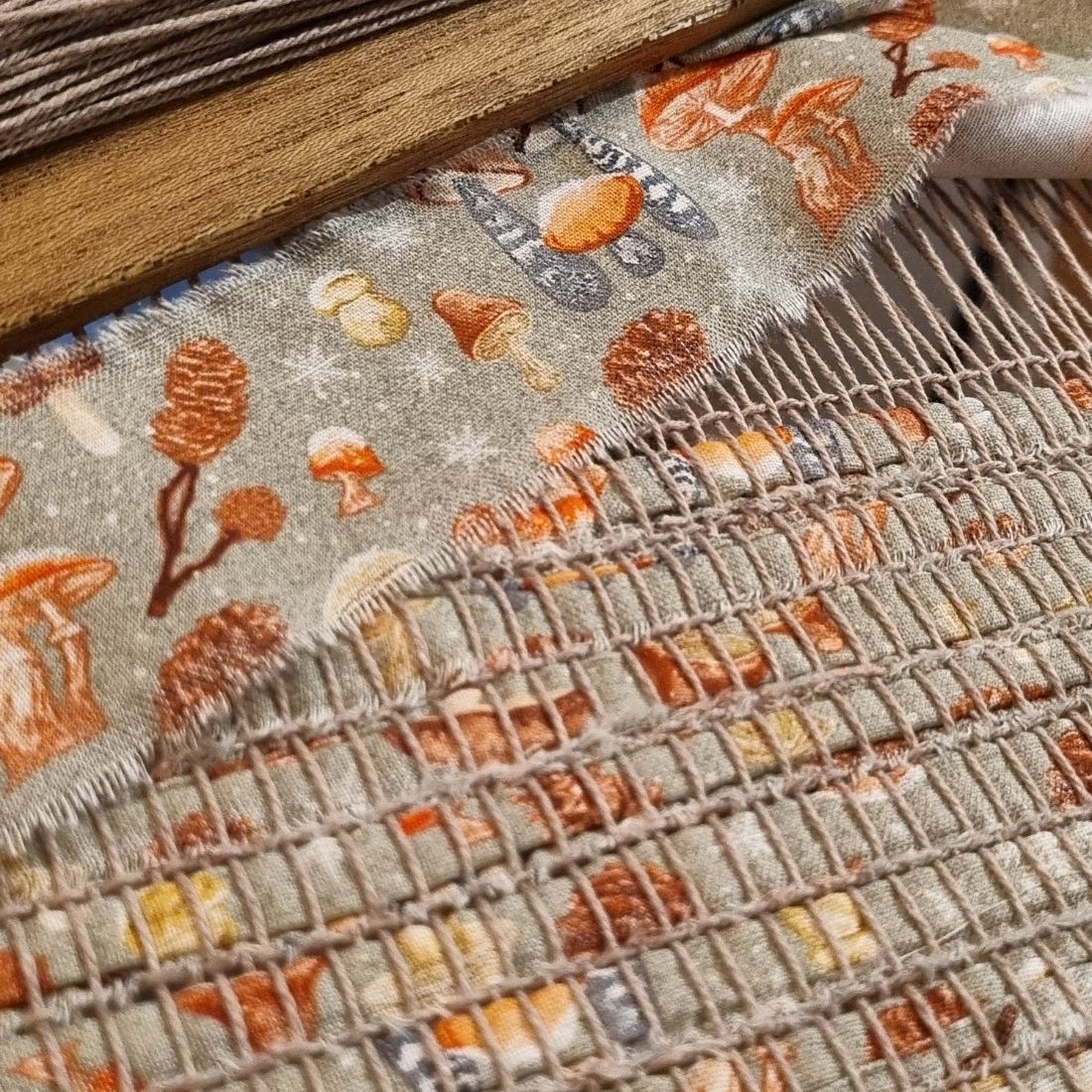 Handwoven mushroom print cotton fabric table runner