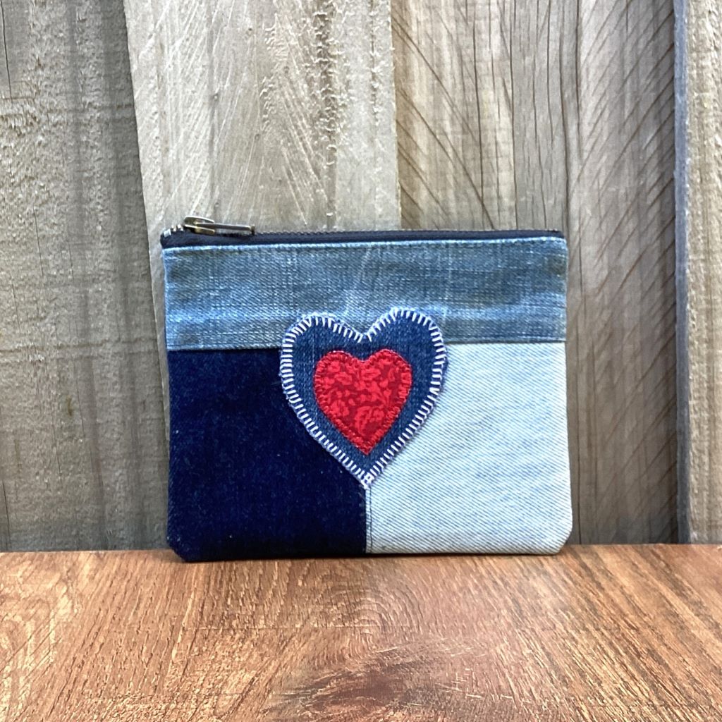 Upcycled Denim Coin Pouch – Denim and Red Heart