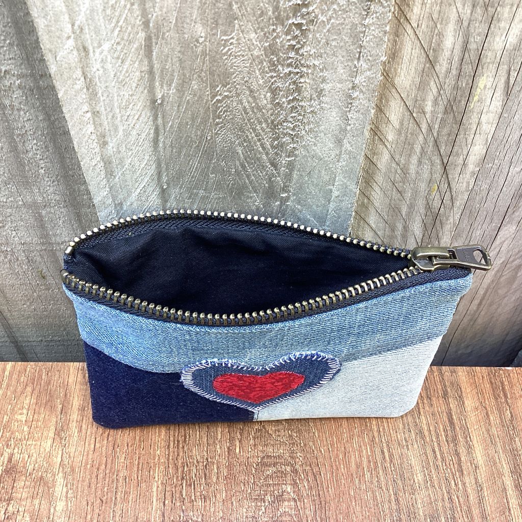 Upcycled Denim Coin Pouch – Denim and Red Heart