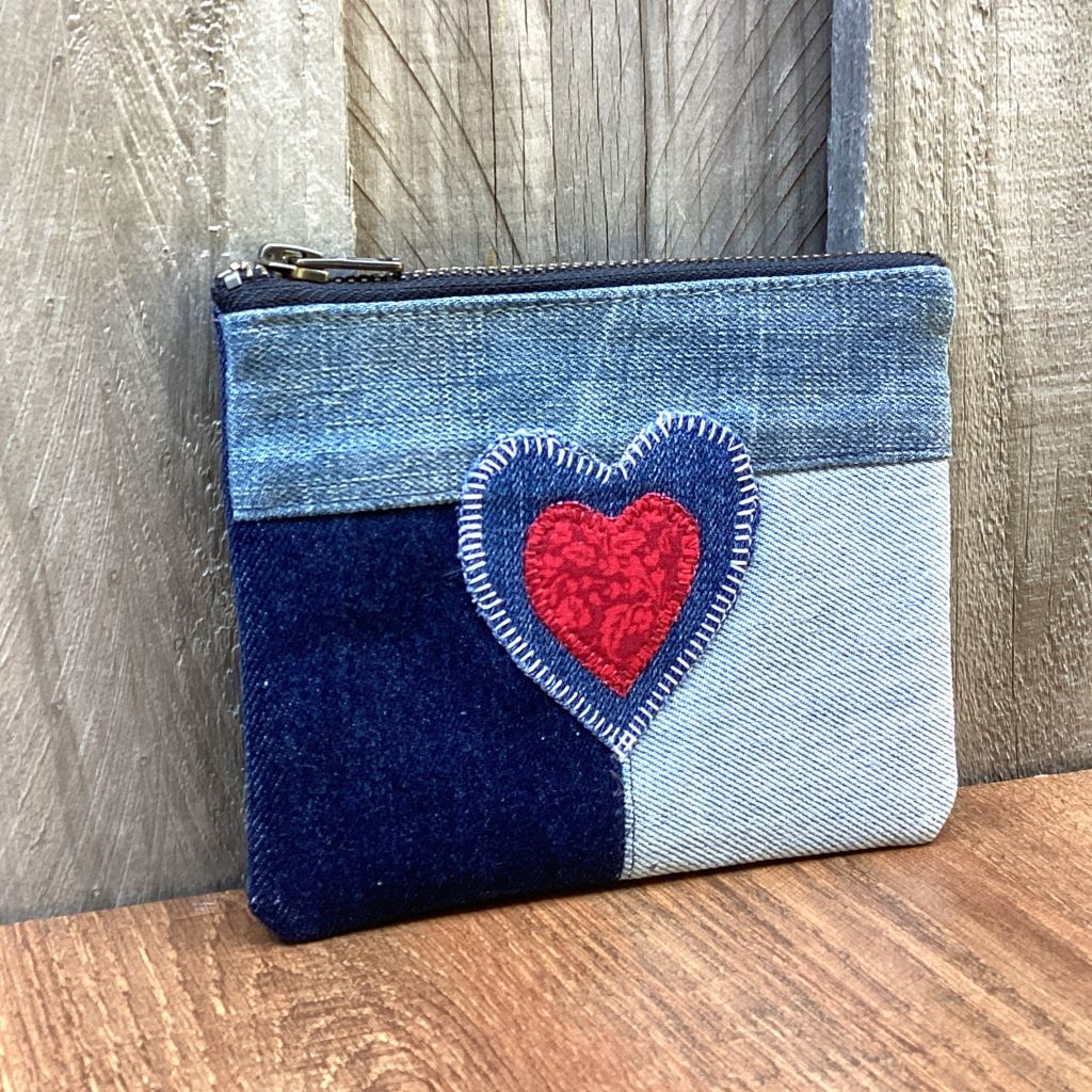 Upcycled Denim Coin Pouch – Denim and Red Heart