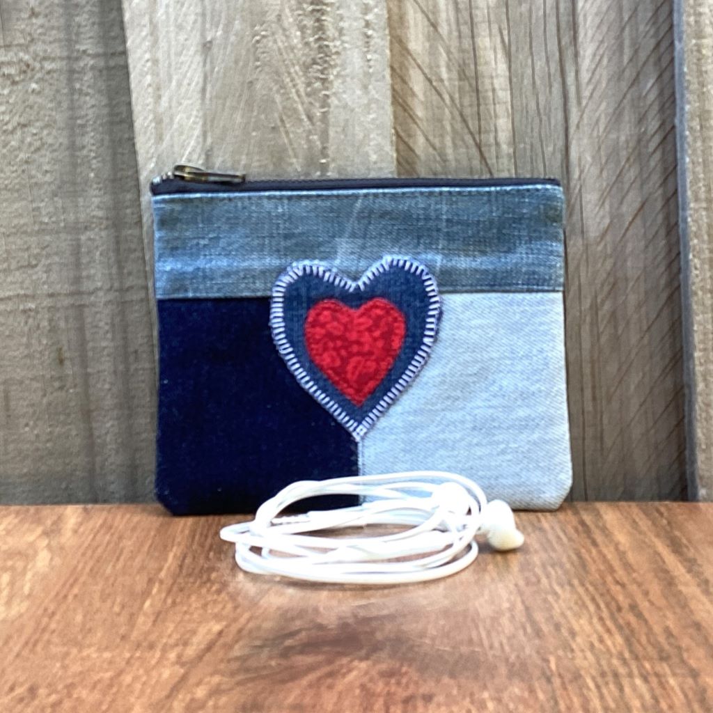Upcycled Denim Coin Pouch – Denim and Red Heart