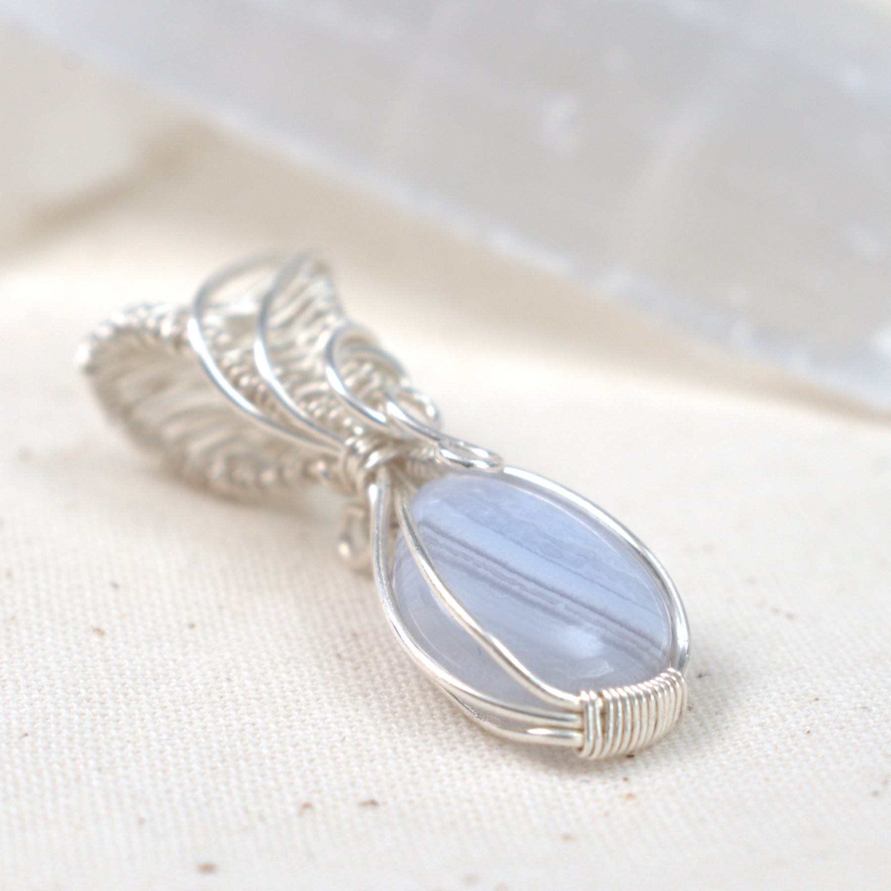 Wire Wrapped Blue Lace Agate Keepsake Pendant