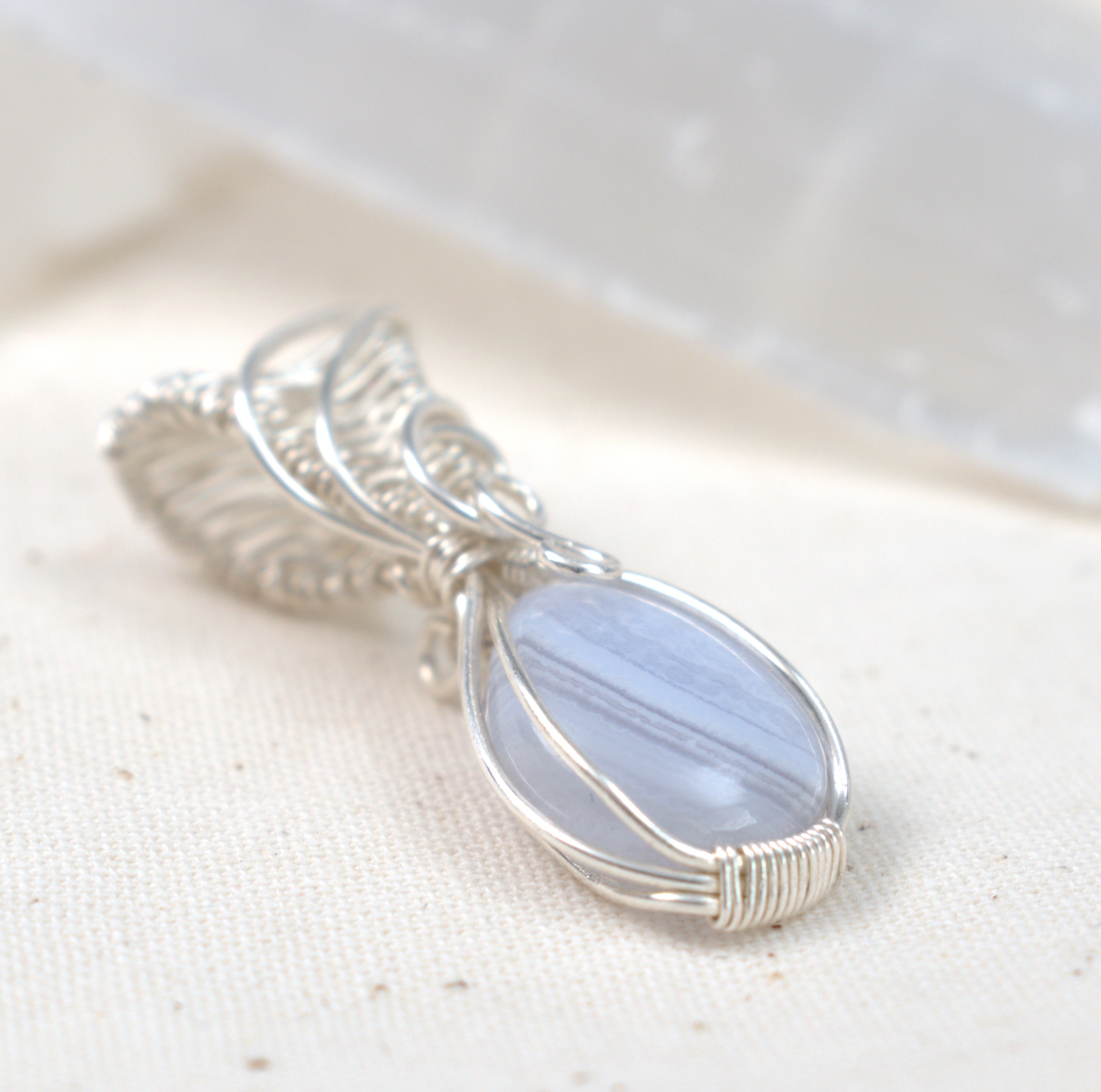 Wire Wrapped Blue Lace Agate Keepsake Pendant