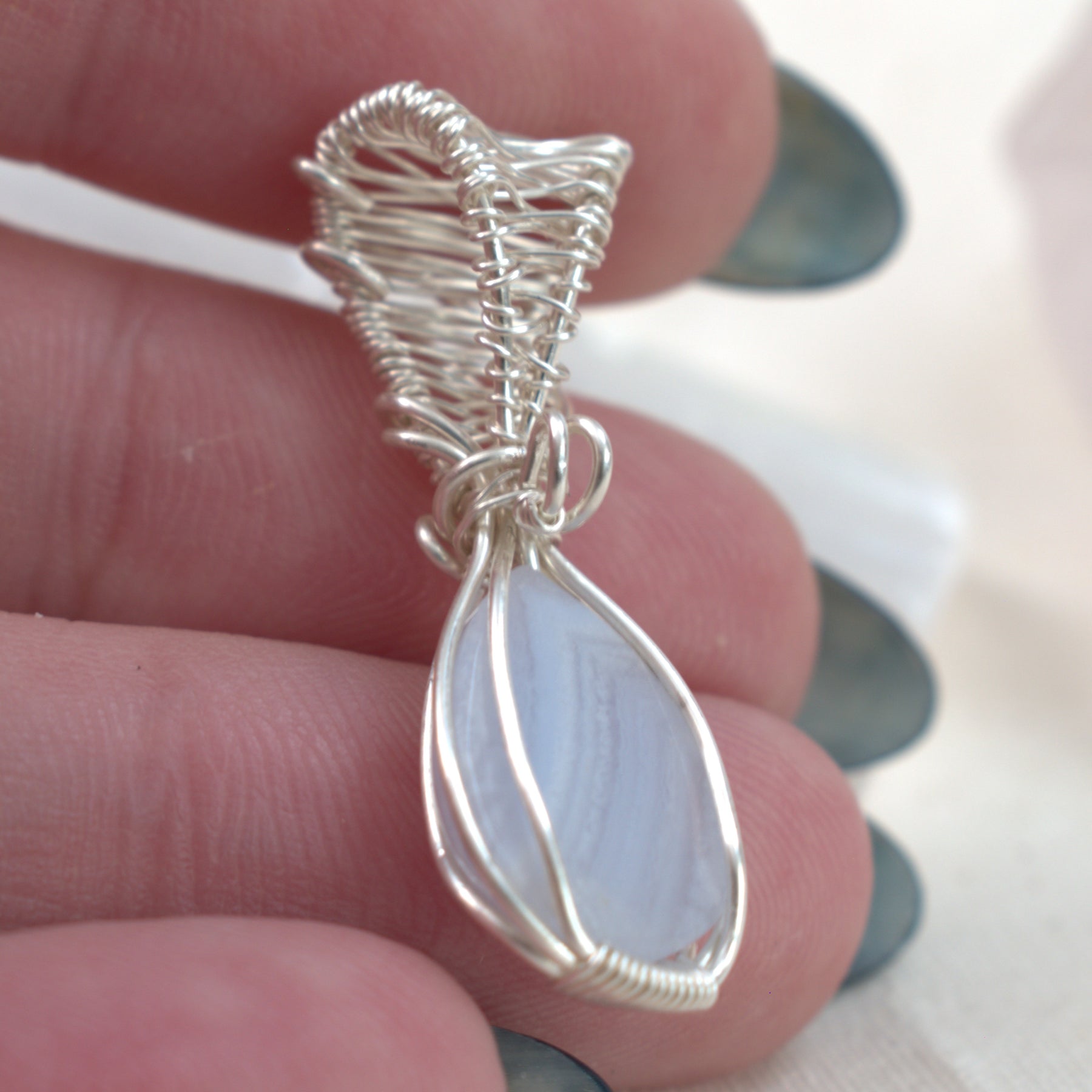 Wire Wrapped Blue Lace Agate Keepsake Pendant
