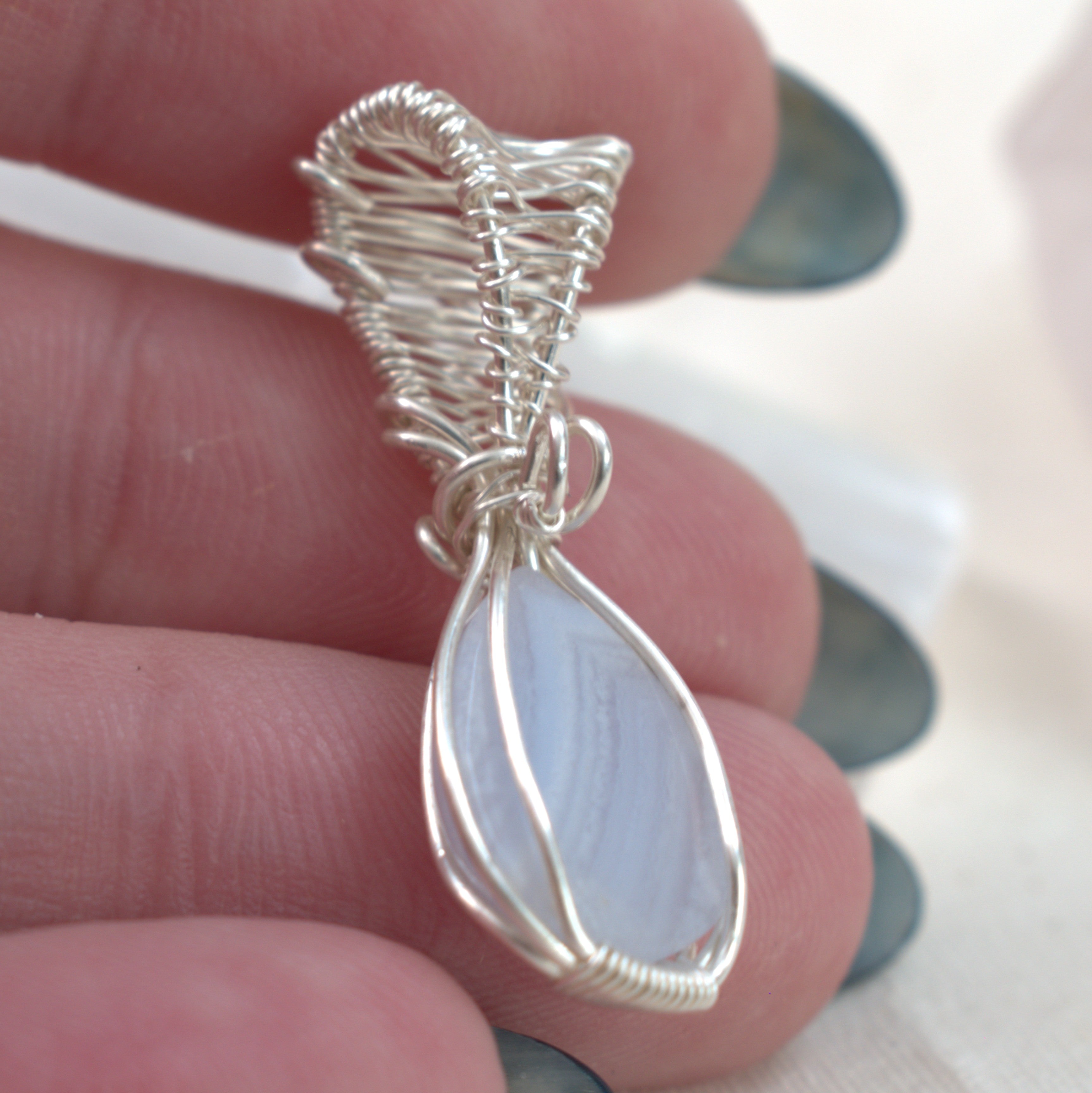 Wire Wrapped Blue Lace Agate Keepsake Pendant