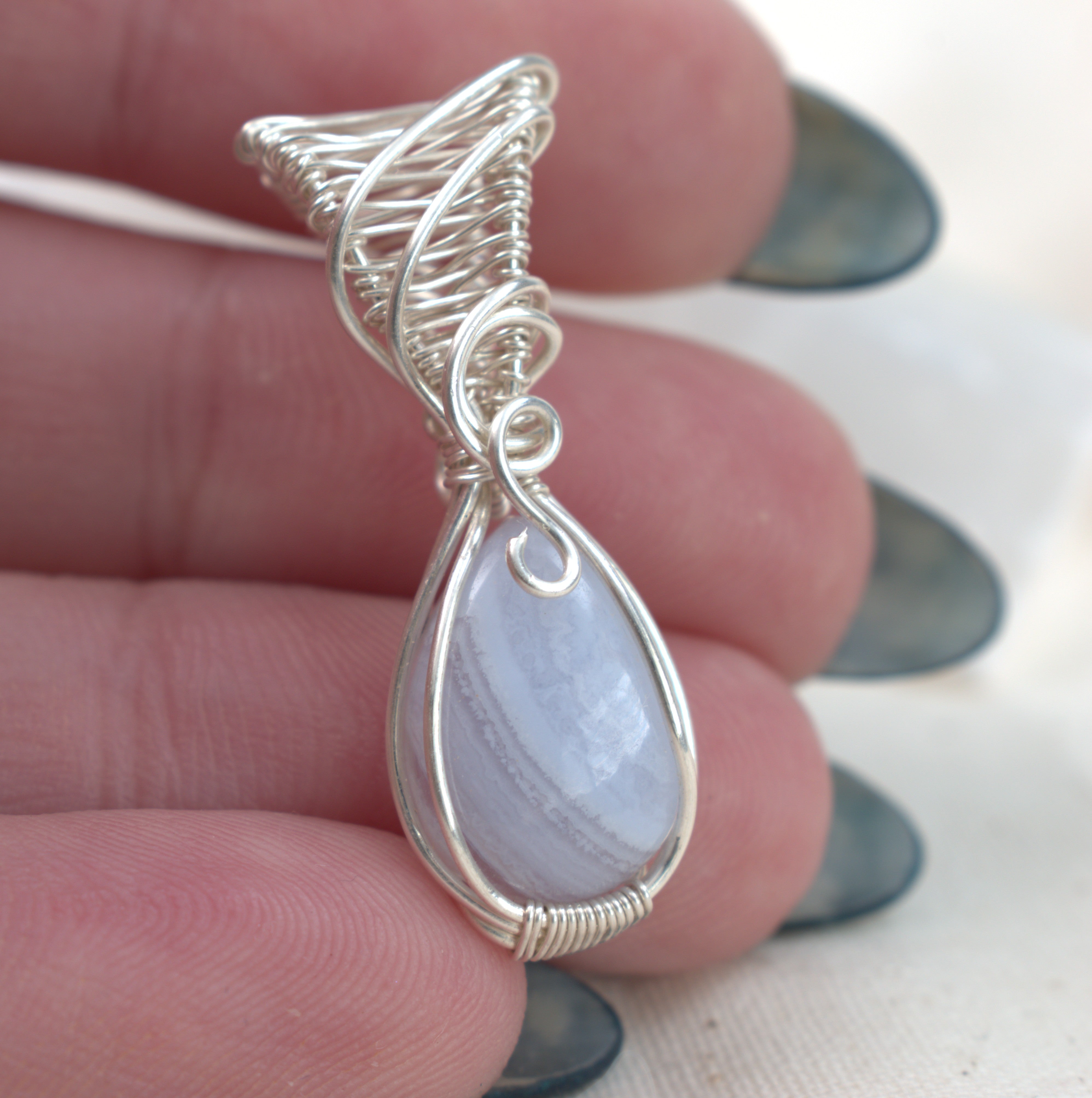 Wire Wrapped Blue Lace Agate Keepsake Pendant