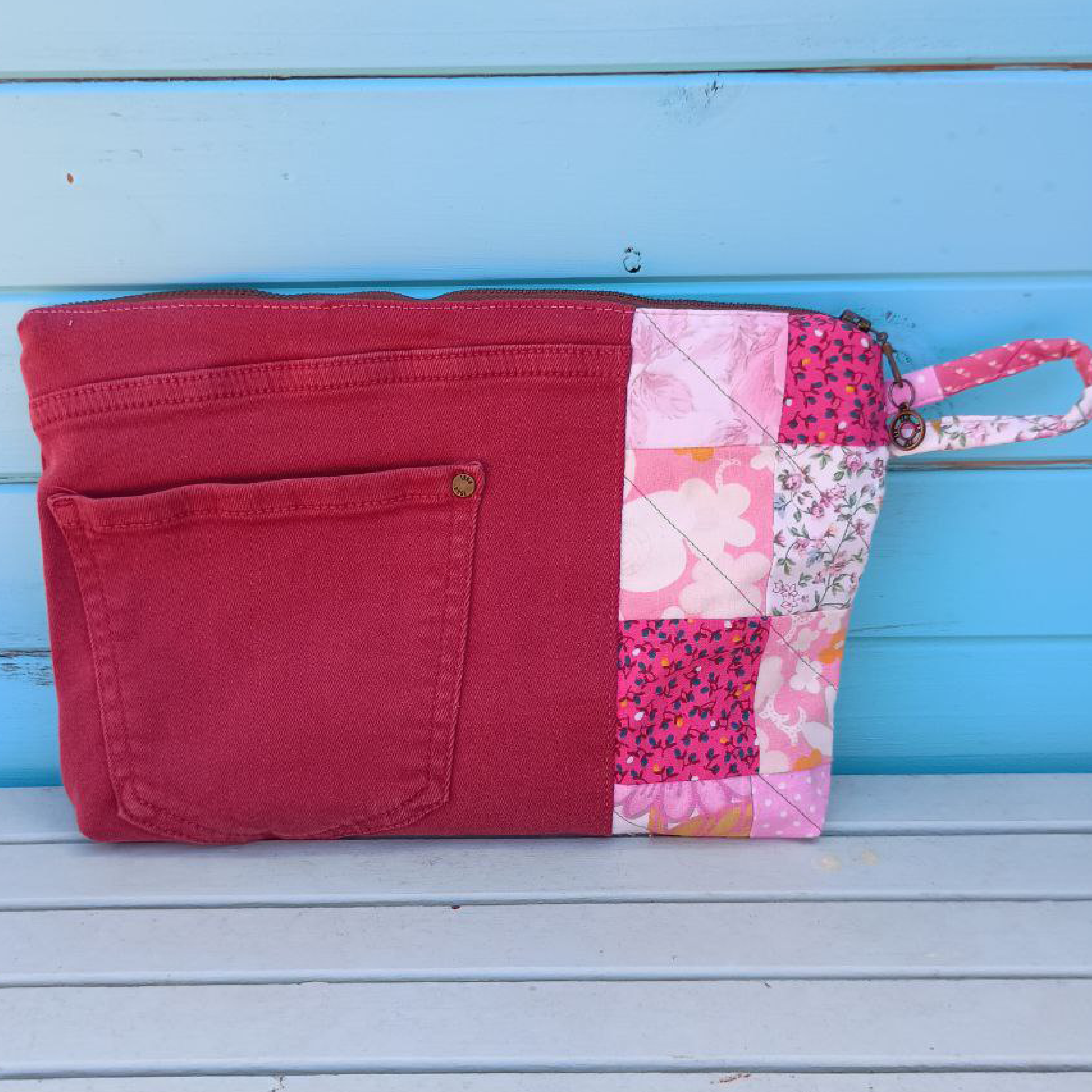 Dusty Denim Pouch Cosmetic Everyday Bag Upcycled Vintage Fabrics & Denim