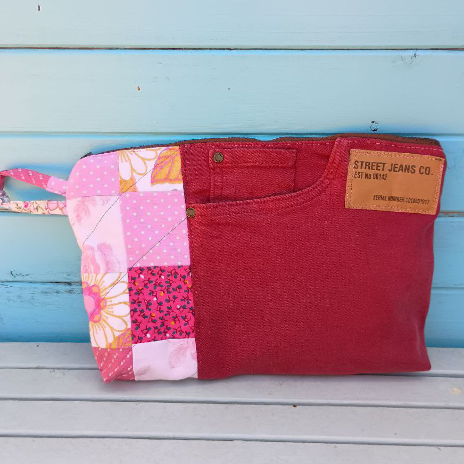 Dusty Denim Pouch Cosmetic Everyday Bag Upcycled Vintage Fabrics & Denim