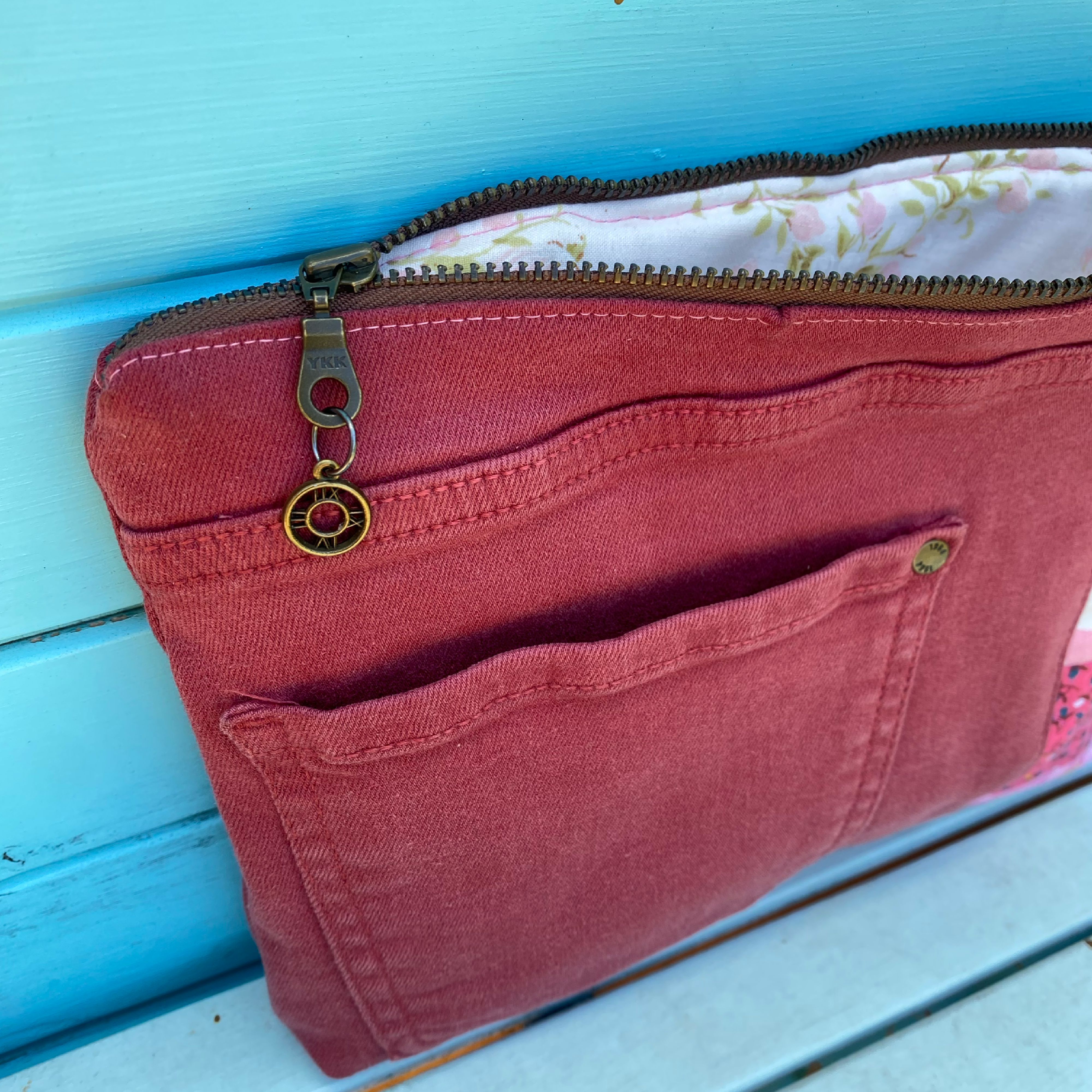 Dusty Denim Pouch Cosmetic Everyday Bag Upcycled Vintage Fabrics & Denim