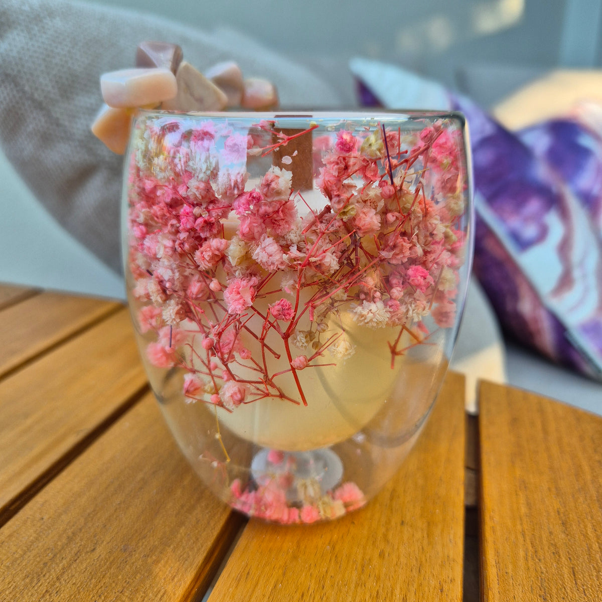 Pink baby's breath glass jar candle with pink opal