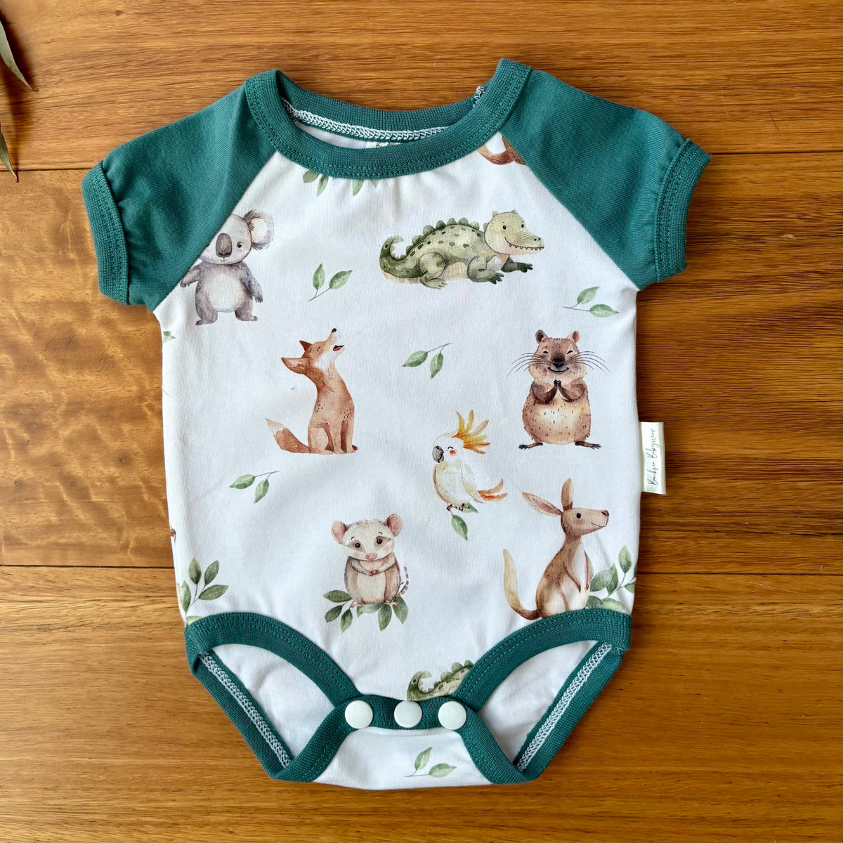 Baby Short Sleeved Bodysuit | Dark Green Aussie Animals | Size premmie to 2 | Made to order