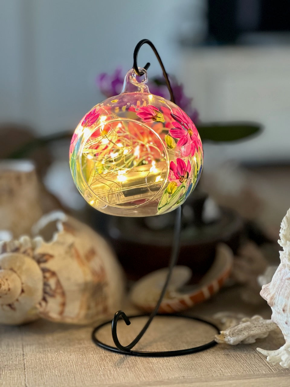 Glass Hanging Candle Holder Hand Painted With Pink Blooms