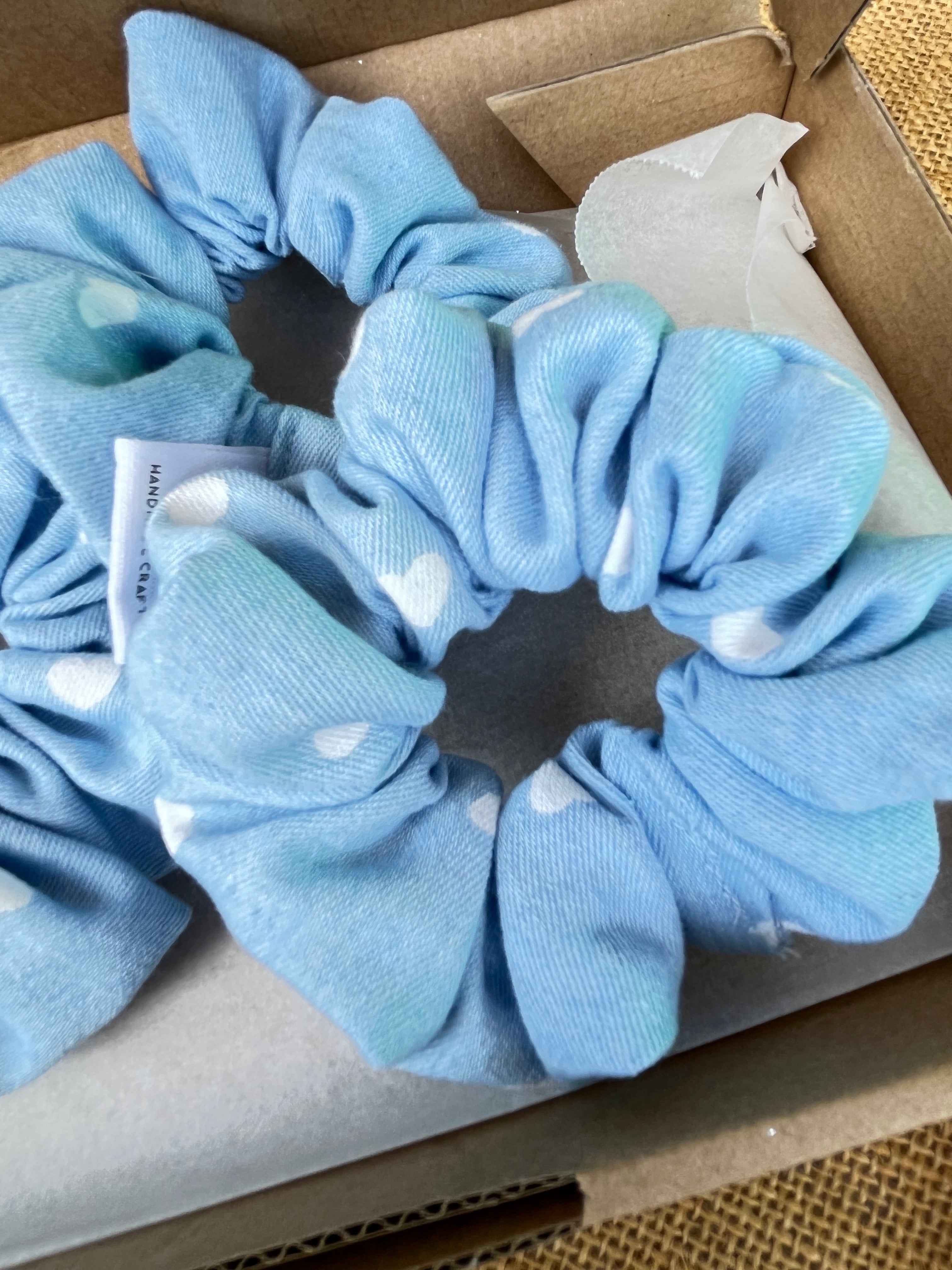 Handmade Denim Scrunchies | Light blue with white hearts
