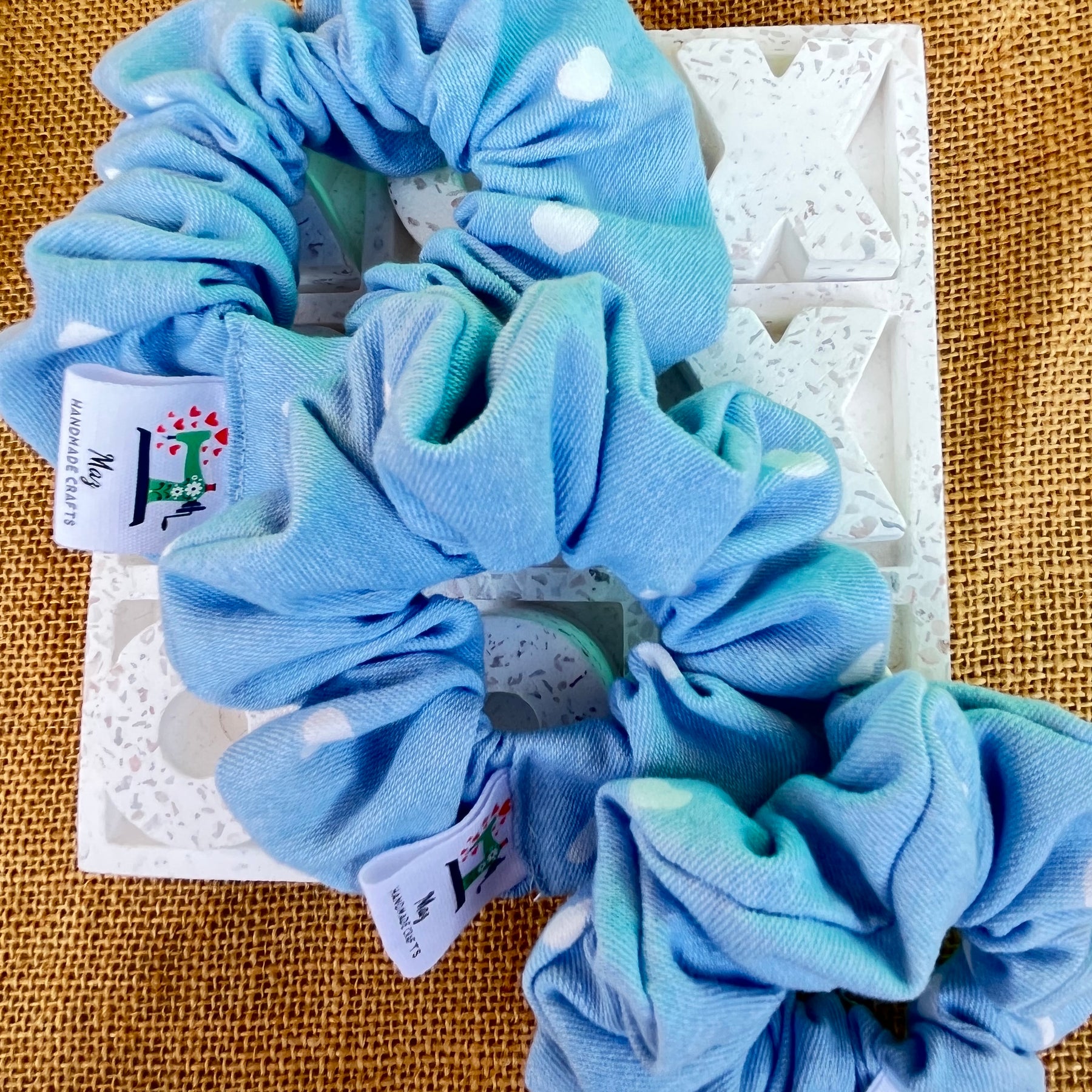 Handmade Denim Scrunchies | Light blue with white hearts