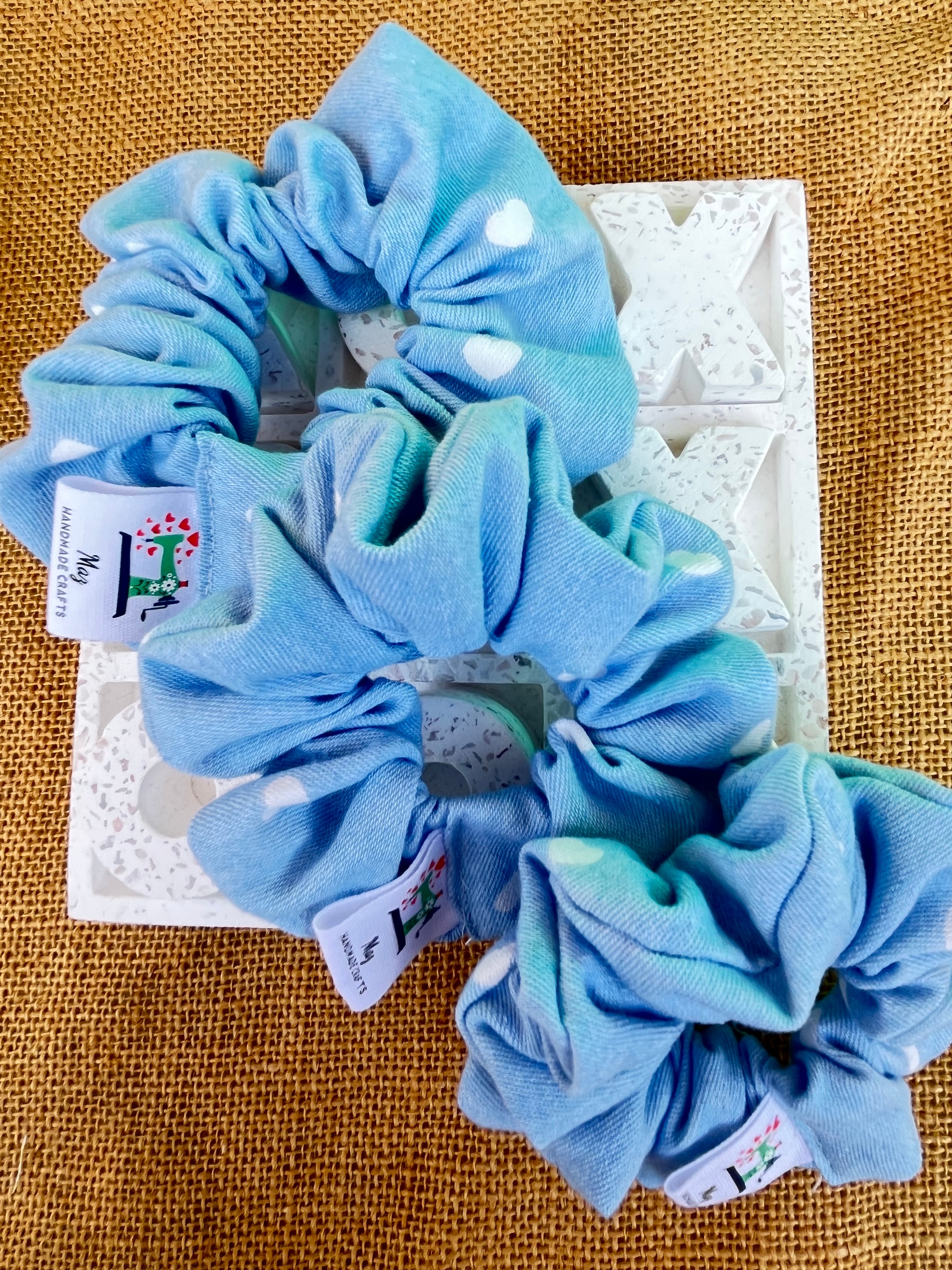Handmade Denim Scrunchies | Light blue with white hearts