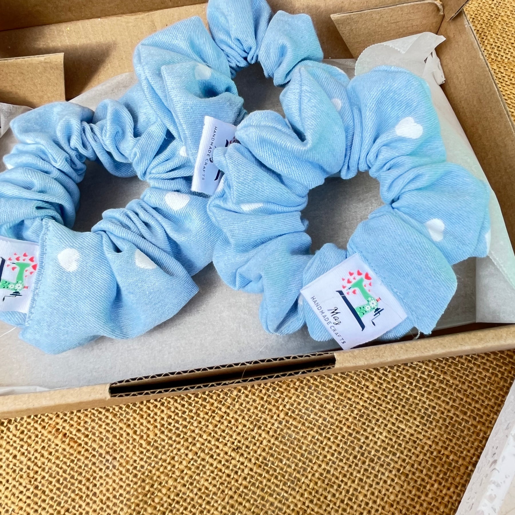 Handmade Denim Scrunchies | Light blue with white hearts