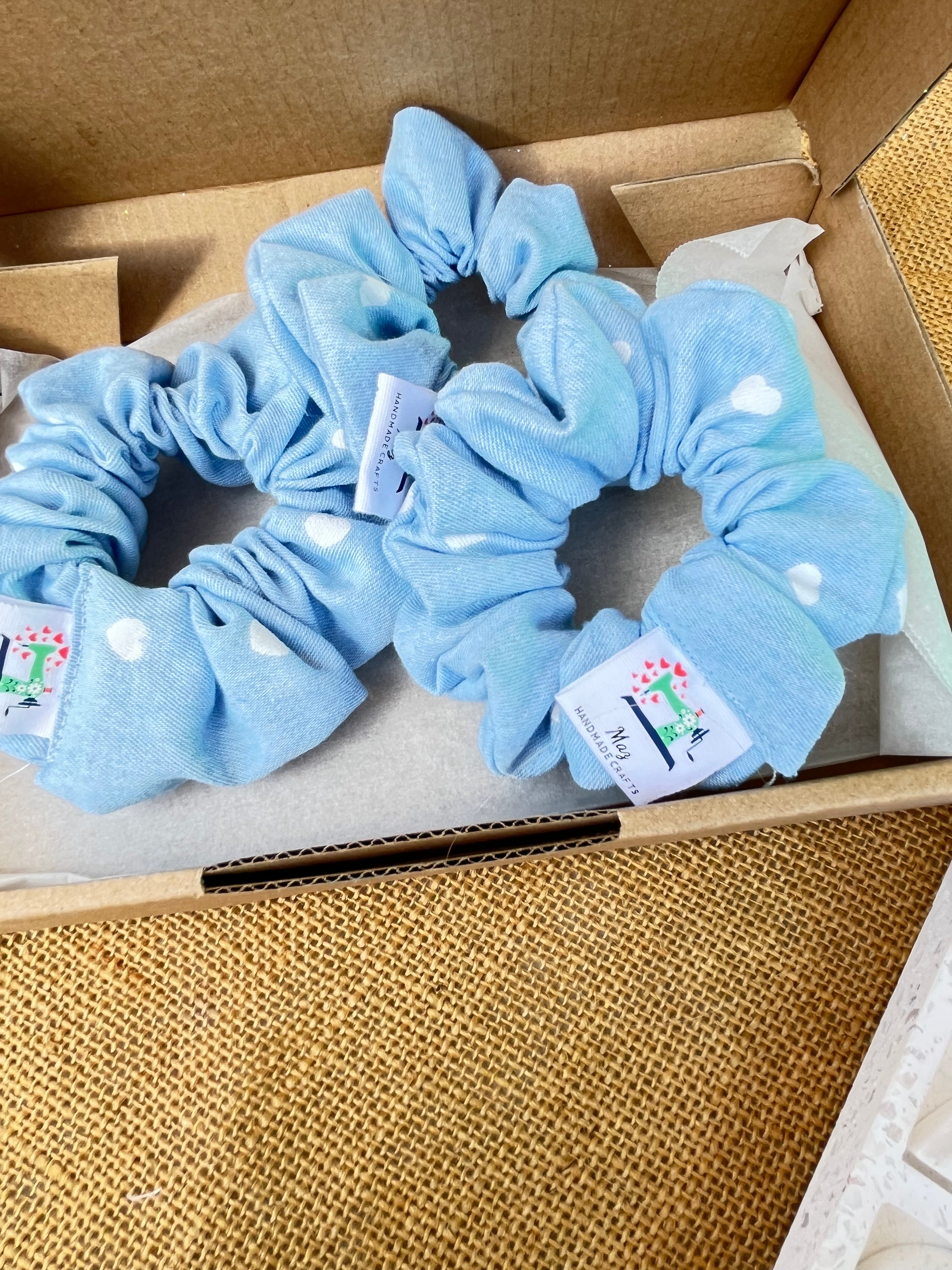 Handmade Denim Scrunchies | Light blue with white hearts