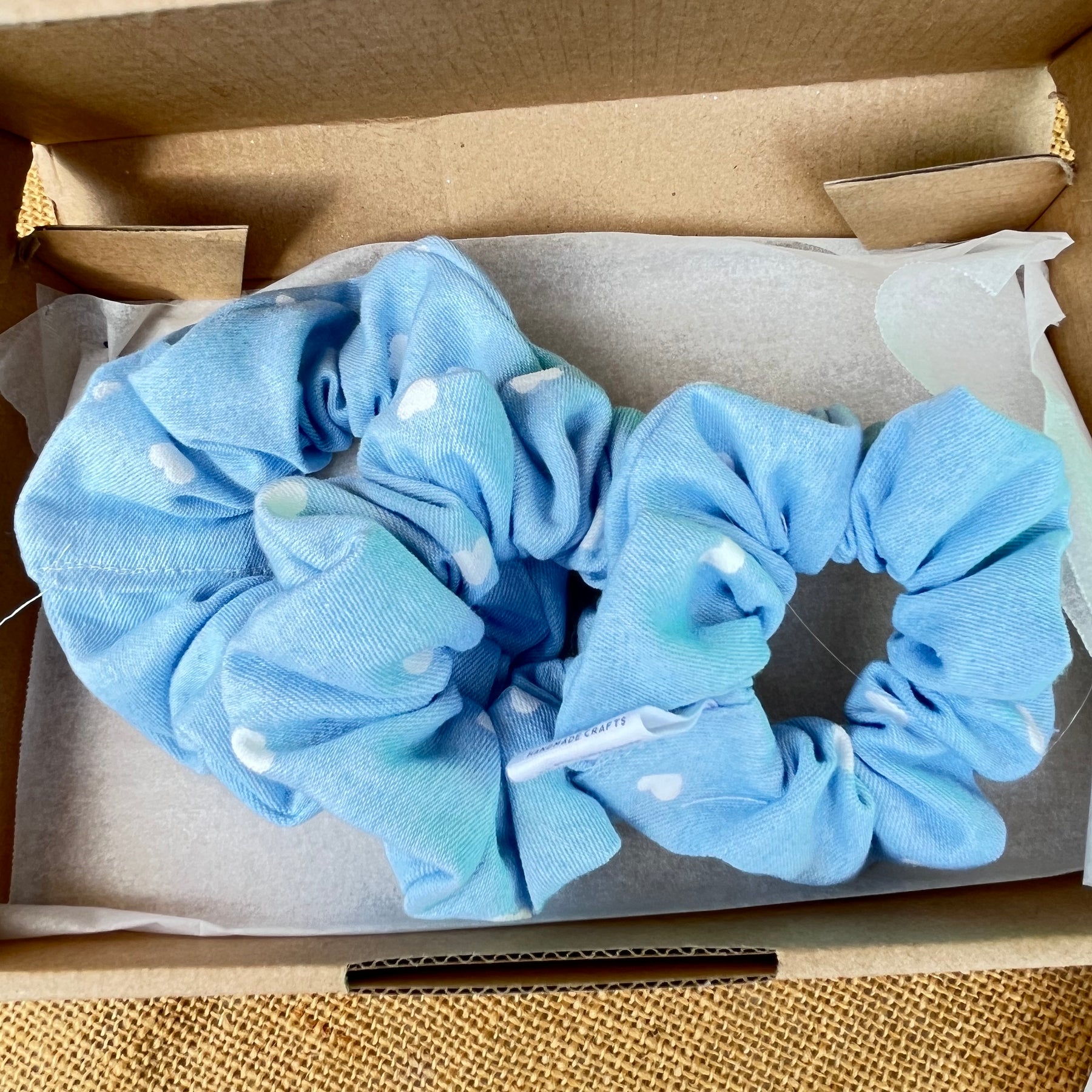 Handmade Denim Scrunchies | Light blue with white hearts