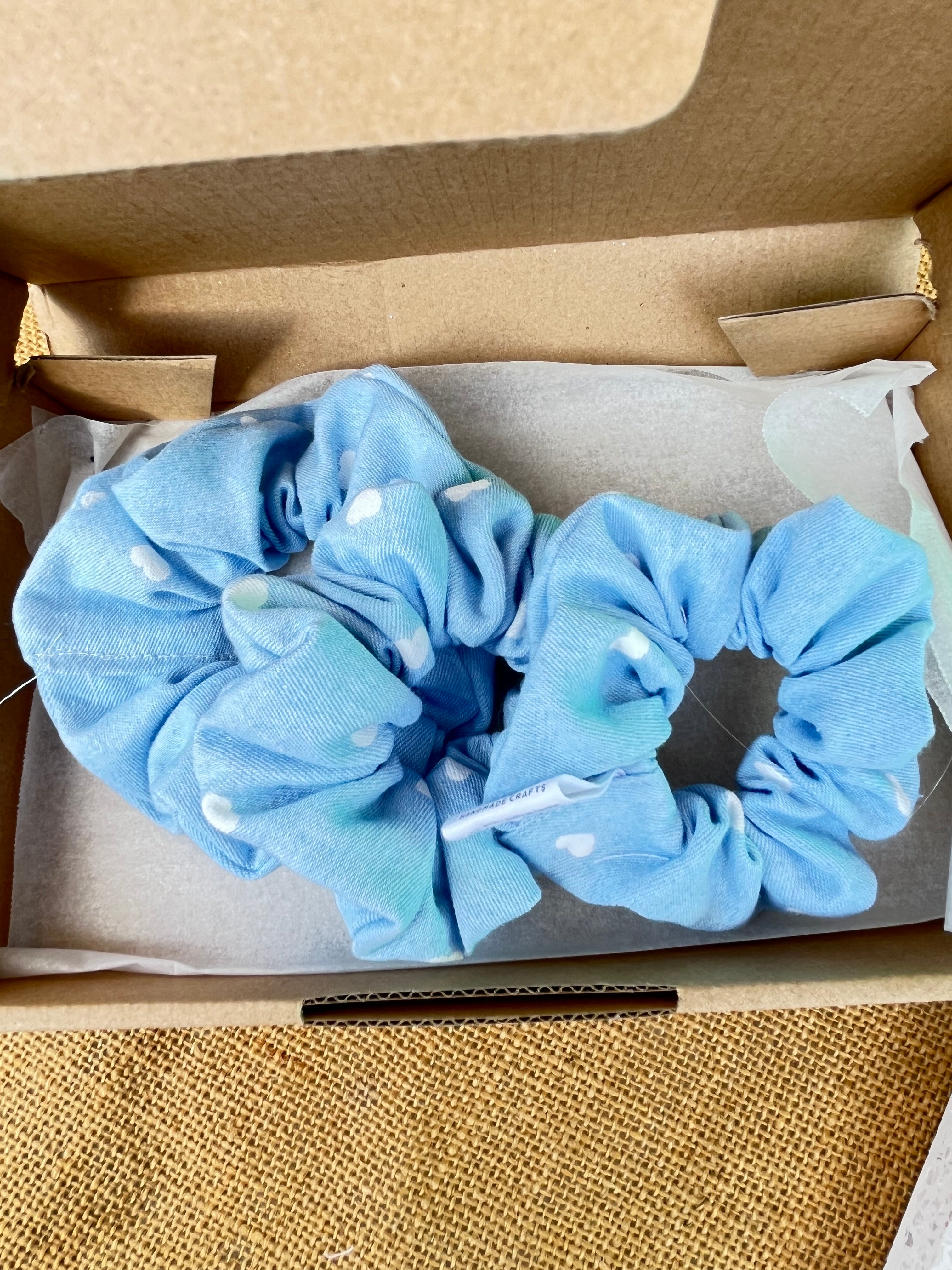 Handmade Denim Scrunchies | Light blue with white hearts