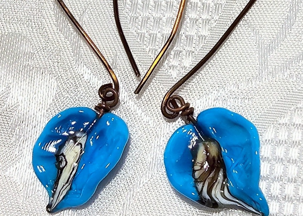 Blue Handmade Glass Leaf Earrings FREE POST