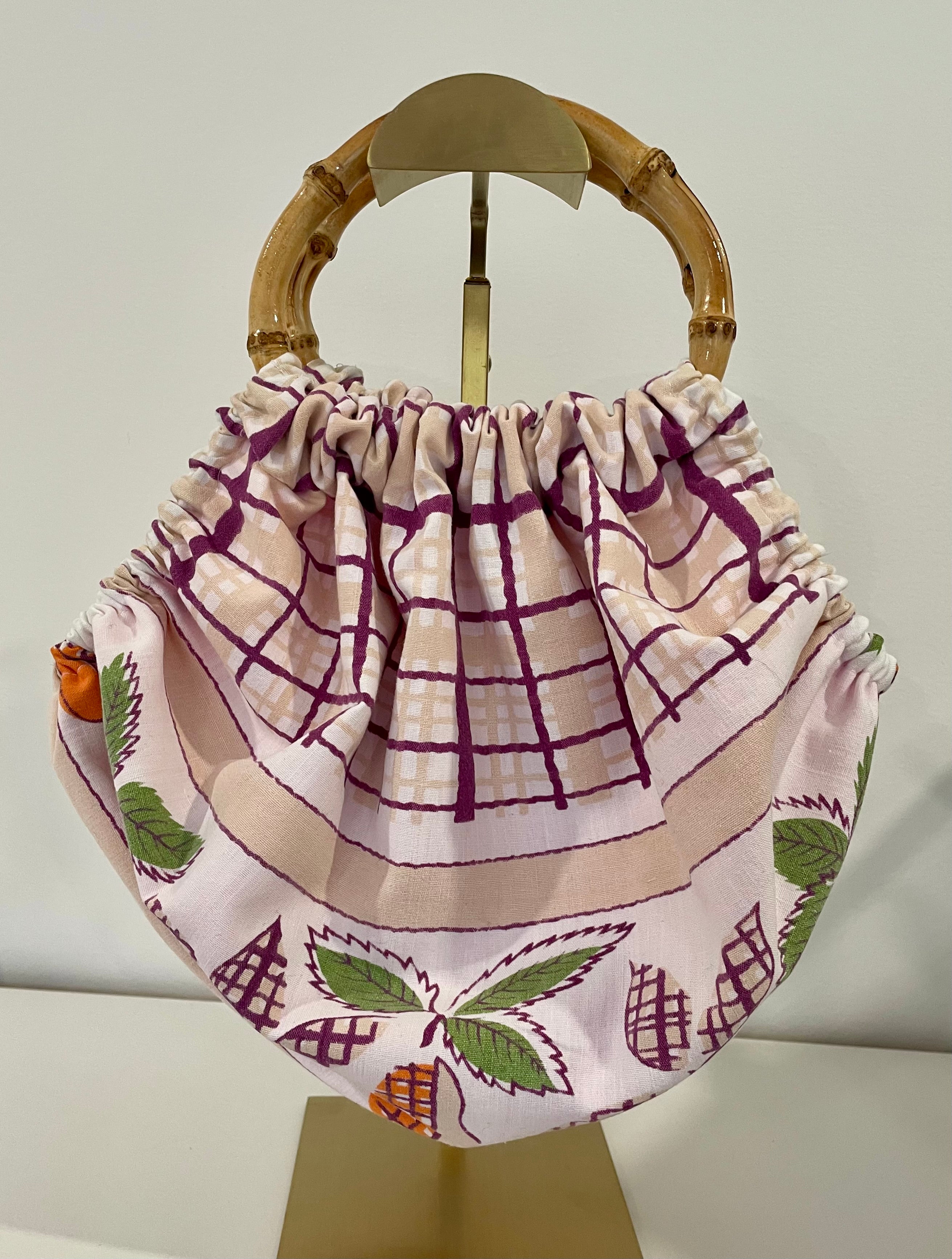 Handmade Granny Bag – Reclaimed Tablecloth with Cane Handles