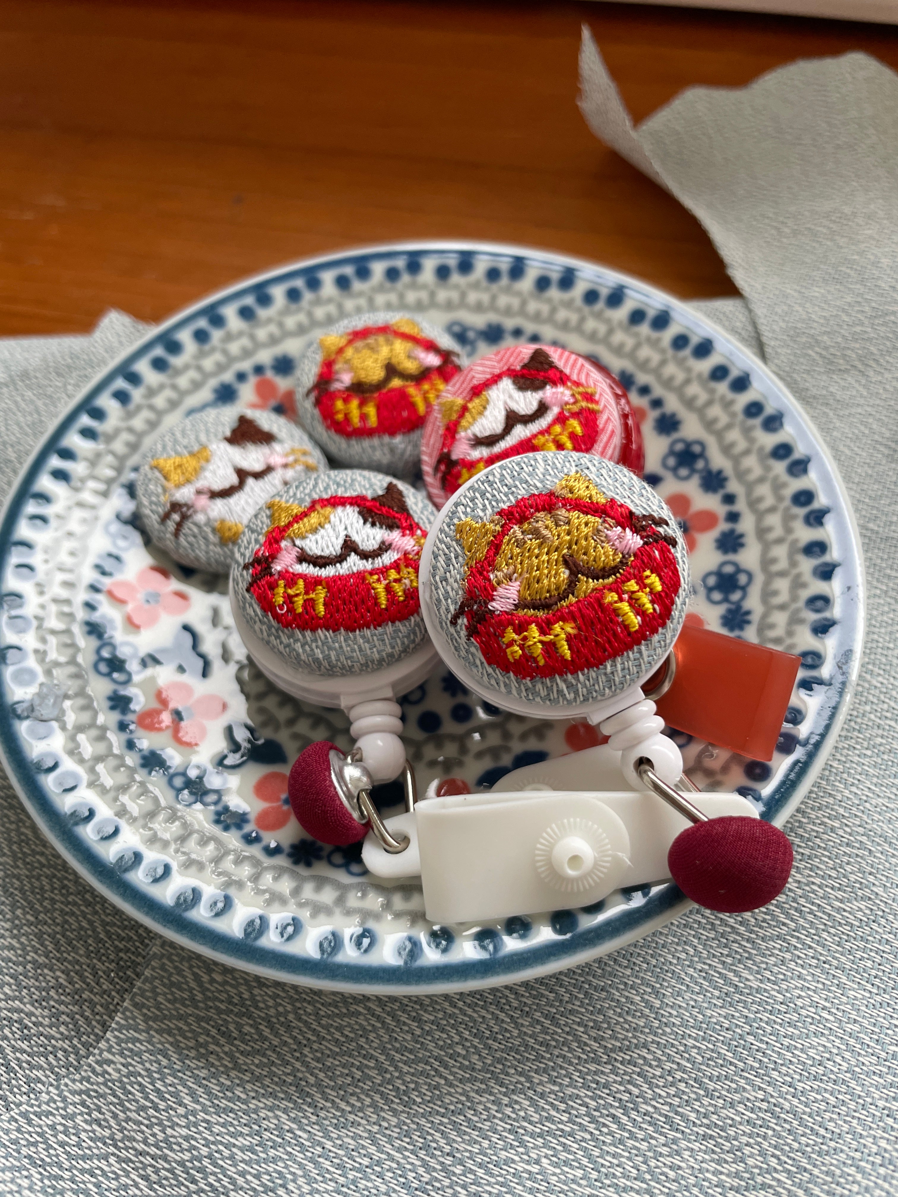Embroidered Daruma CATS Nurse Badge Reels w Japanese Fabric