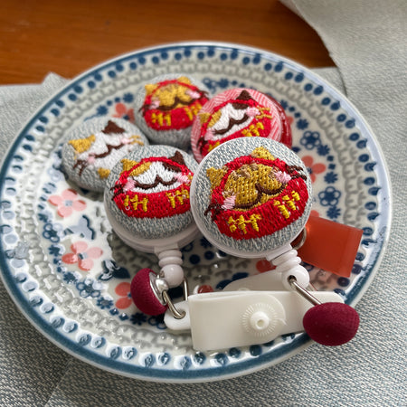 Embroidered Daruma CATS Nurse Badge Reels w Japanese Fabric