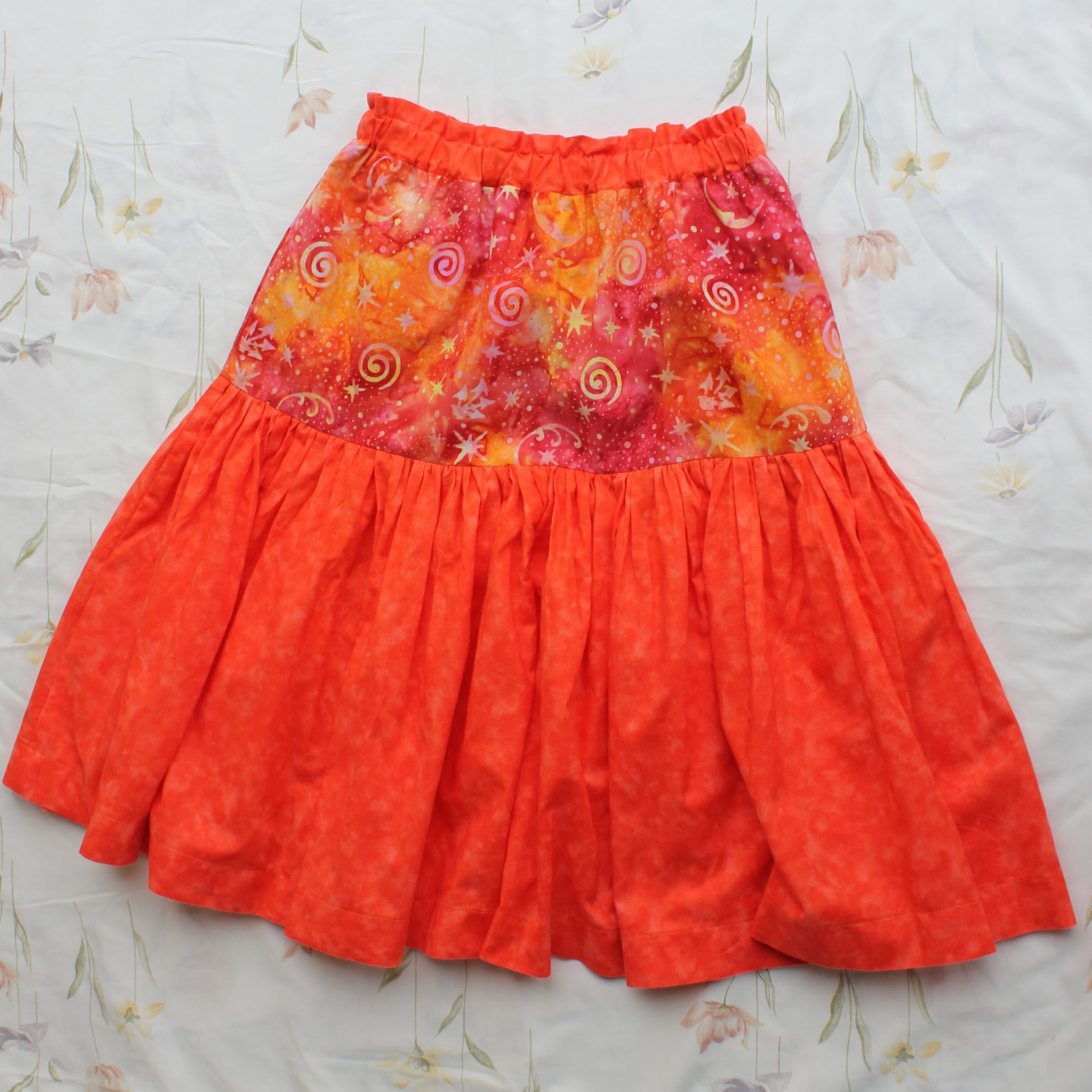 Womens Size Small, Mid Skirt, Orange/Spirals Galaxy.