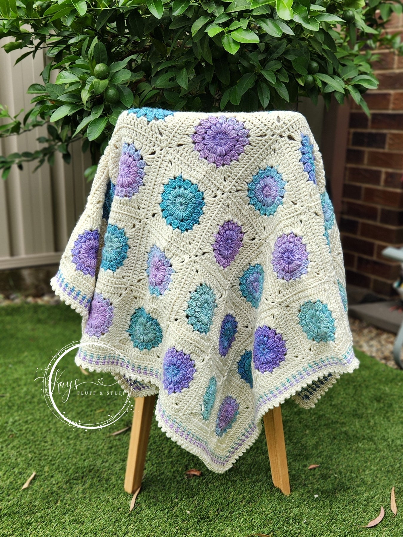 Crochet Granny Square Teal/Mauve Throw