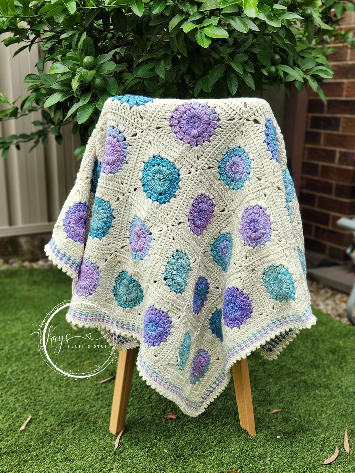 Crochet Granny Square Teal/Mauve Throw