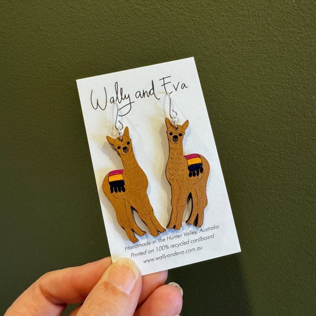 Alpaca Hand Painted Wood Sterling Silver Earrings
