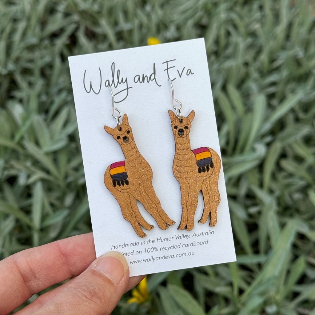 Alpaca Hand Painted Wood Sterling Silver Earrings