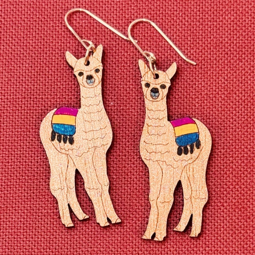 Alpaca Hand Painted Wood Sterling Silver Earrings