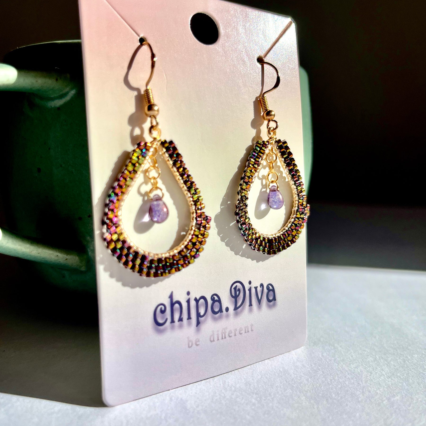 CHAMELEON SECRET | dangle beaded earrings | brown, purple, sparkle