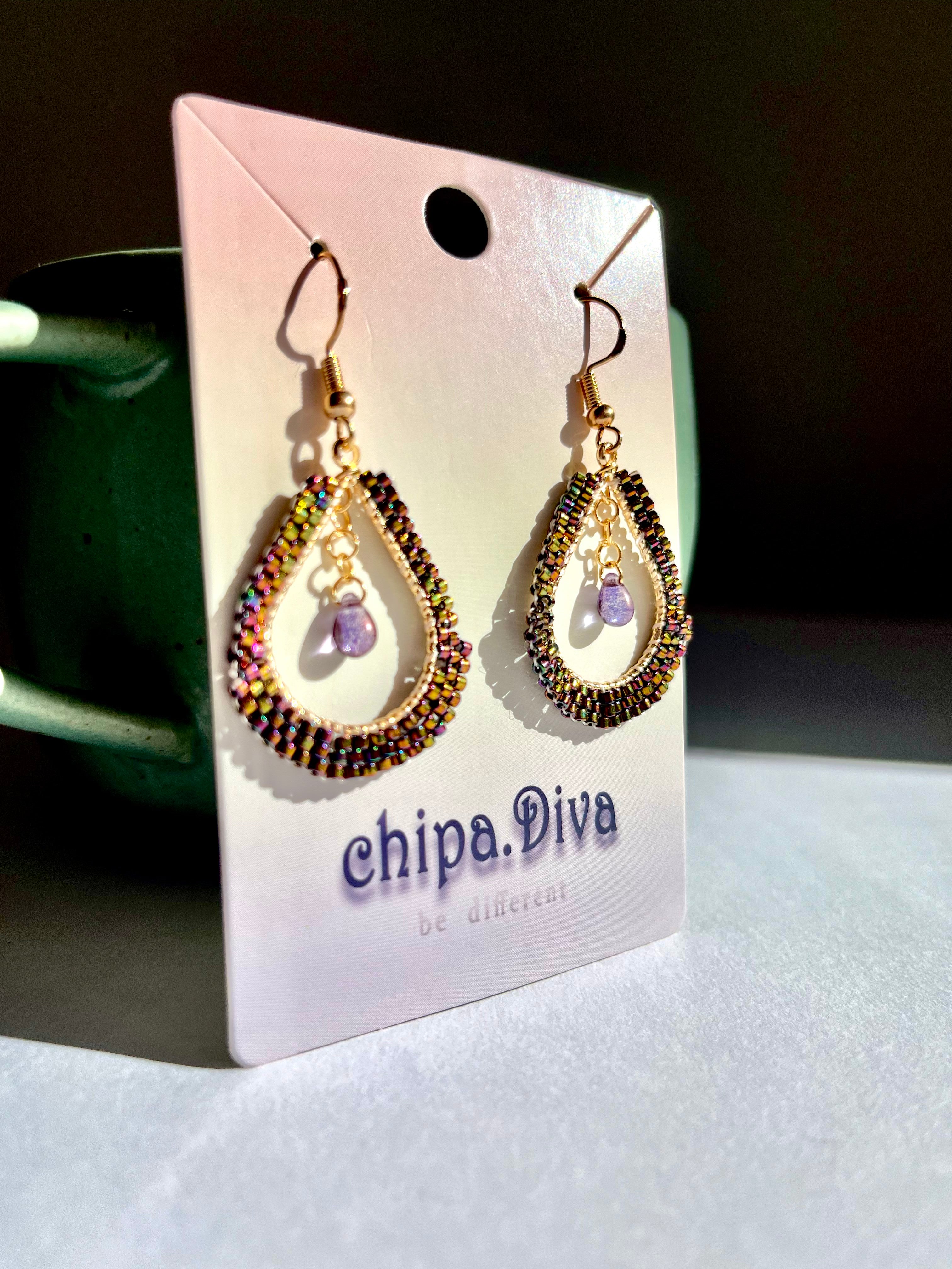 CHAMELEON SECRET | dangle beaded earrings | brown, purple, sparkle