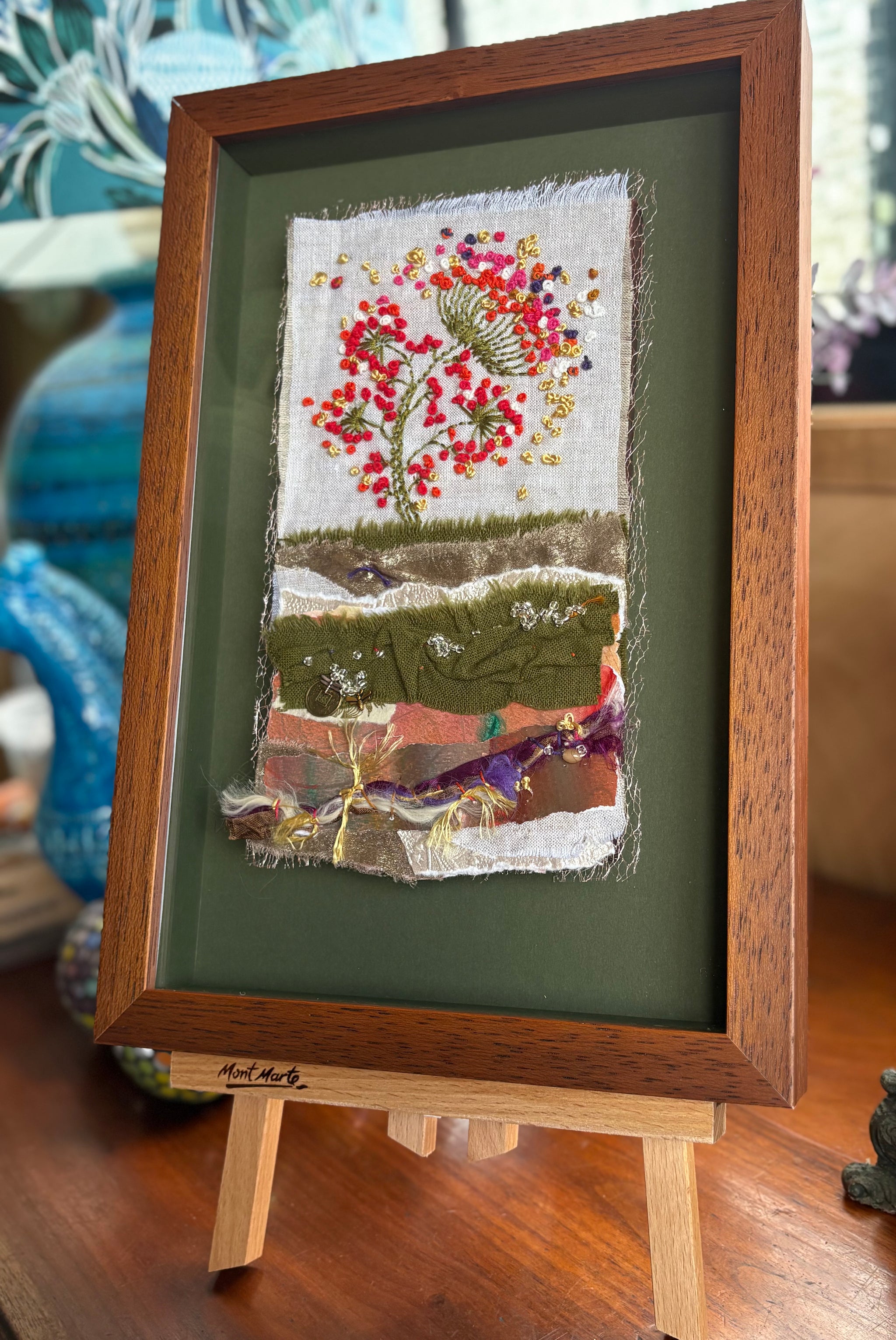 Blooms in Thread, framed mixed media
