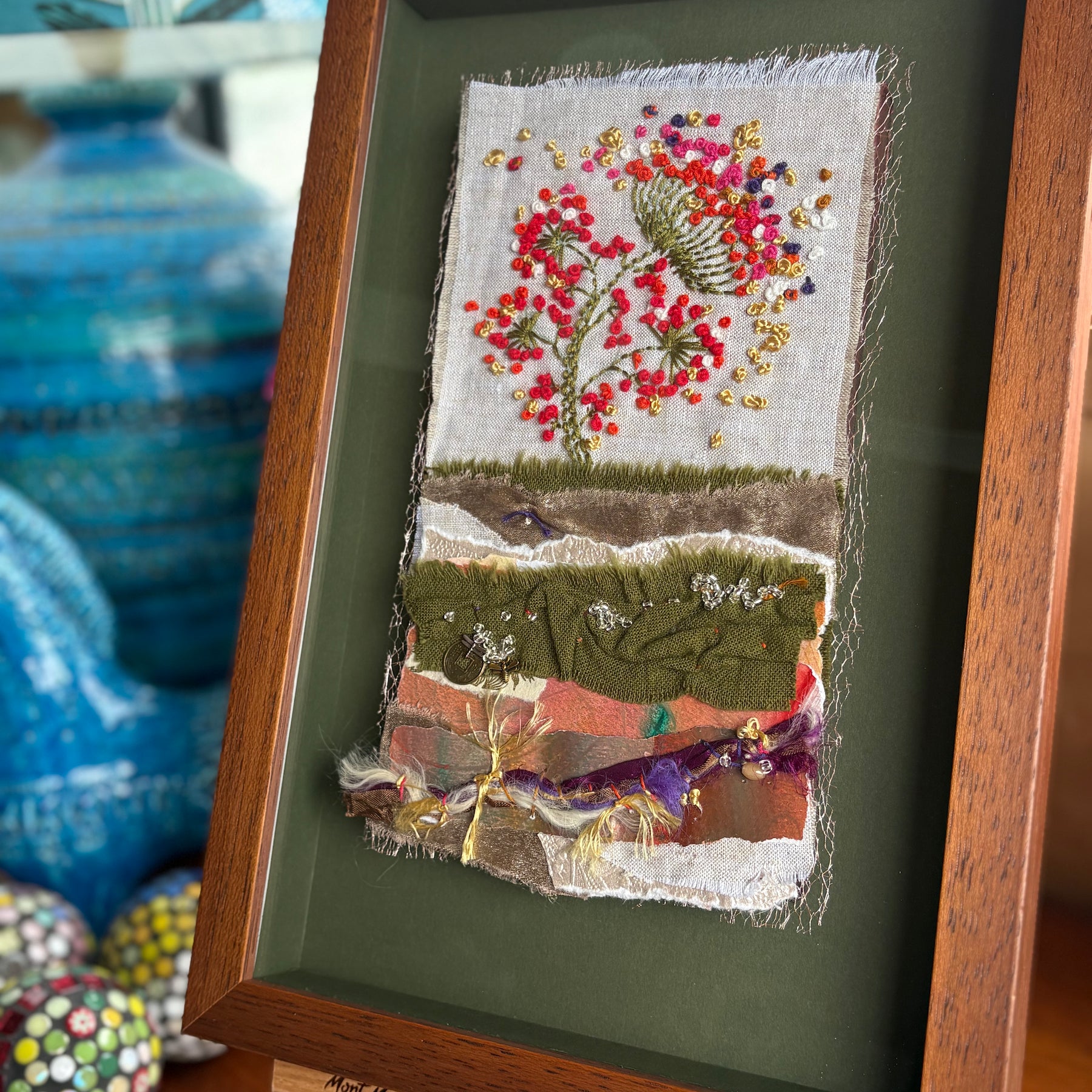 Blooms in Thread, framed mixed media