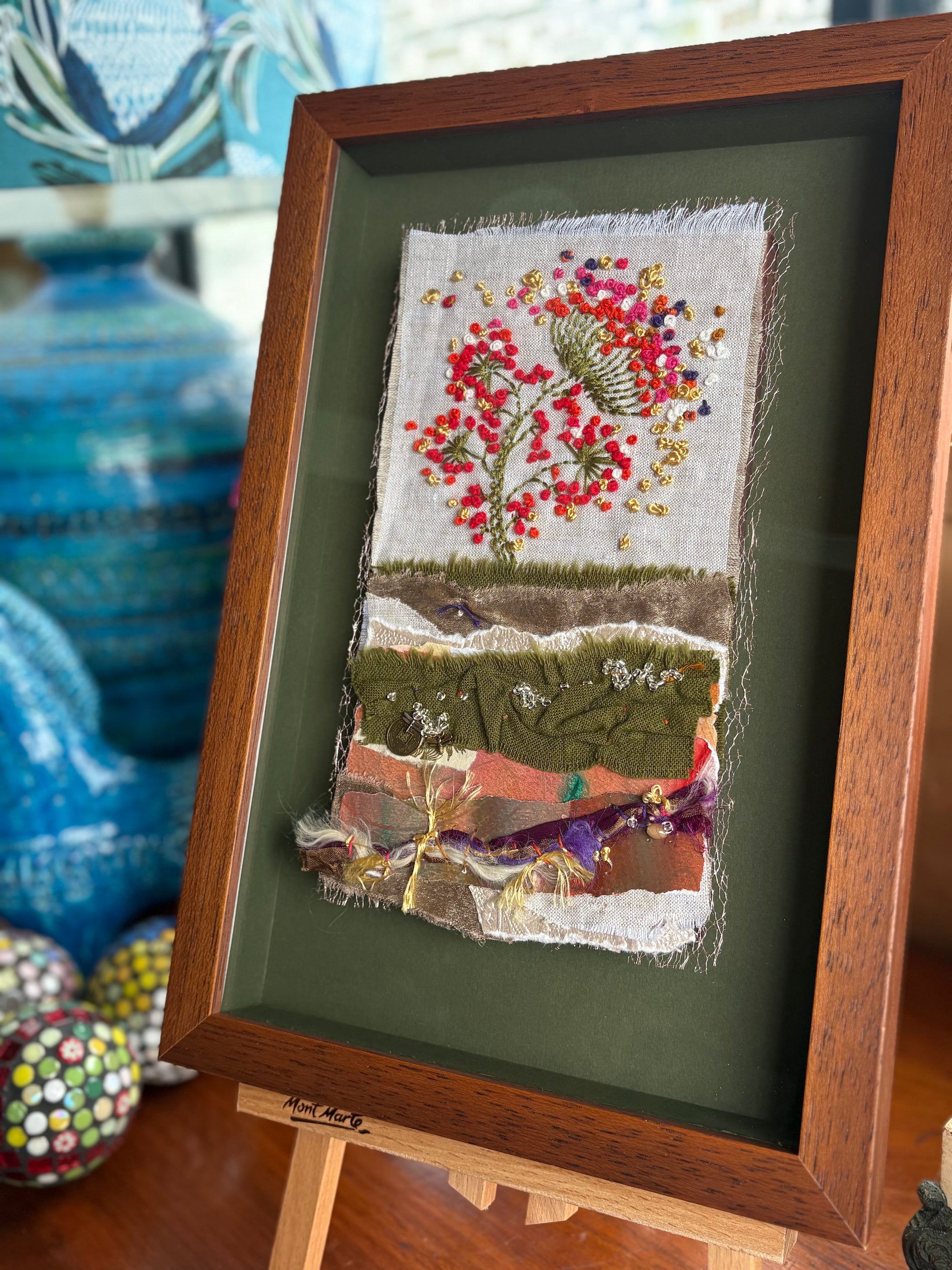 Blooms in Thread, framed mixed media