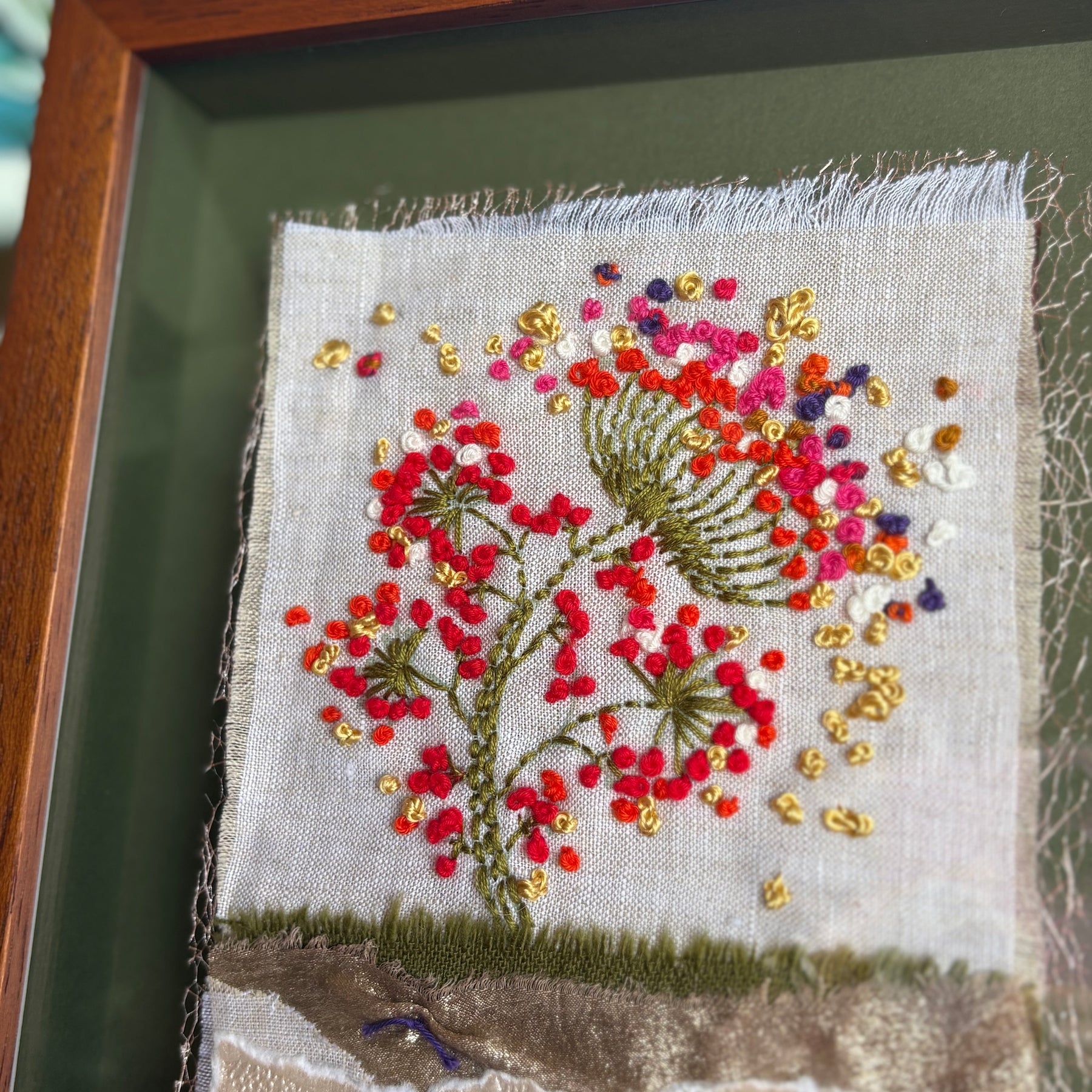 Blooms in Thread, framed mixed media