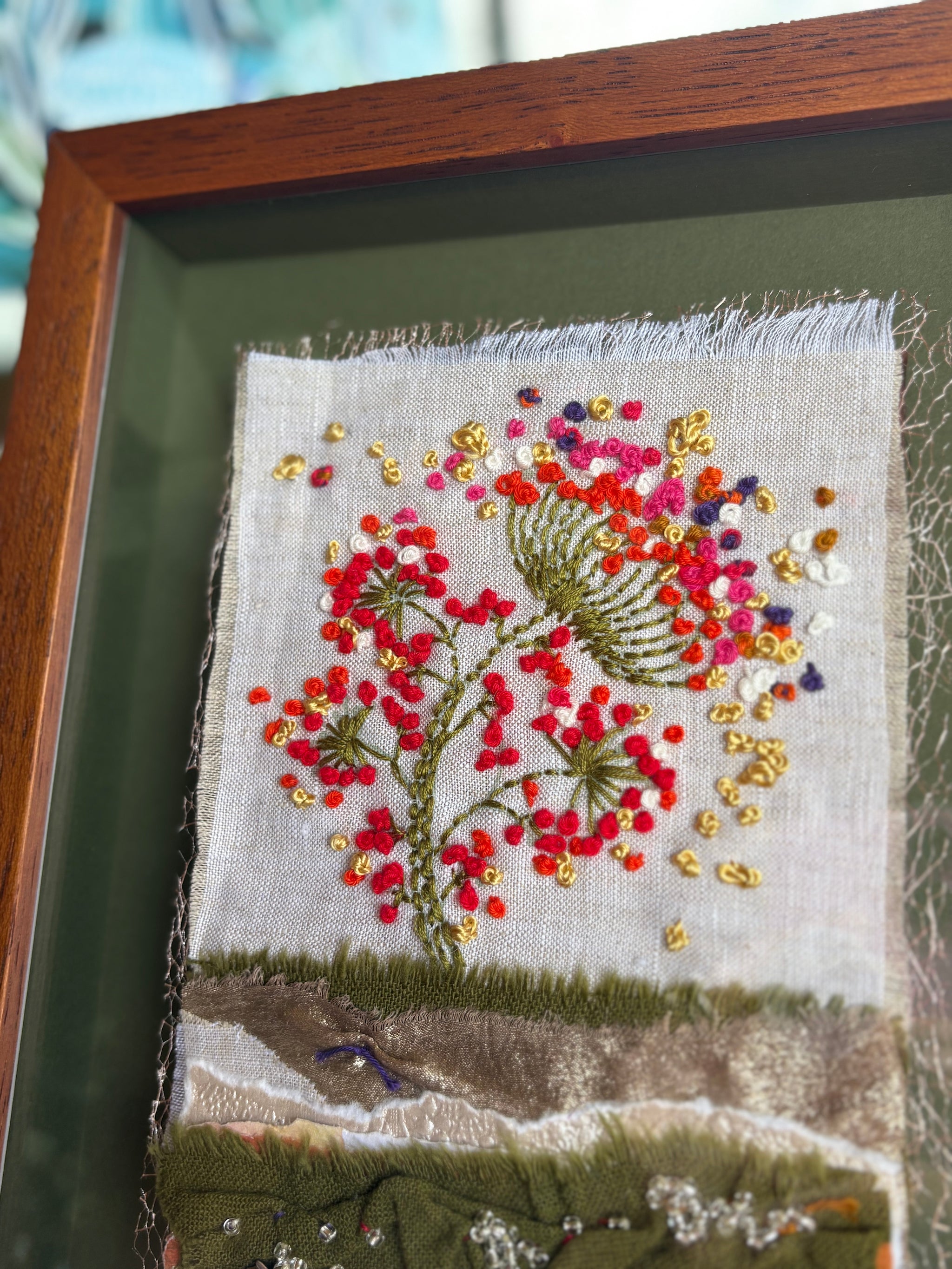 Blooms in Thread, framed mixed media
