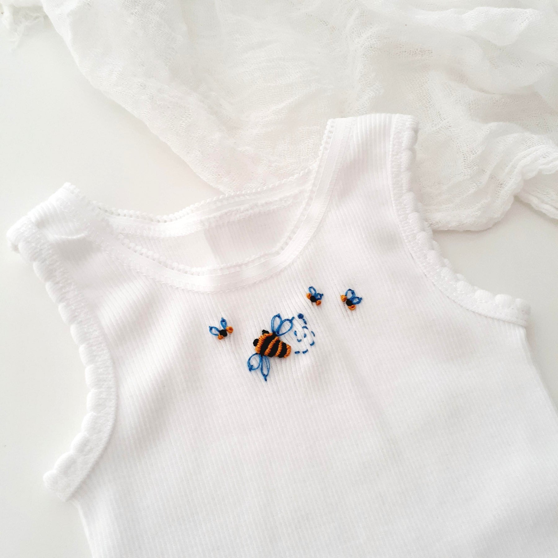 Newborn Cotton Baby Singlet, Hand Embroidered Rosebuds, Baby Girl Gift